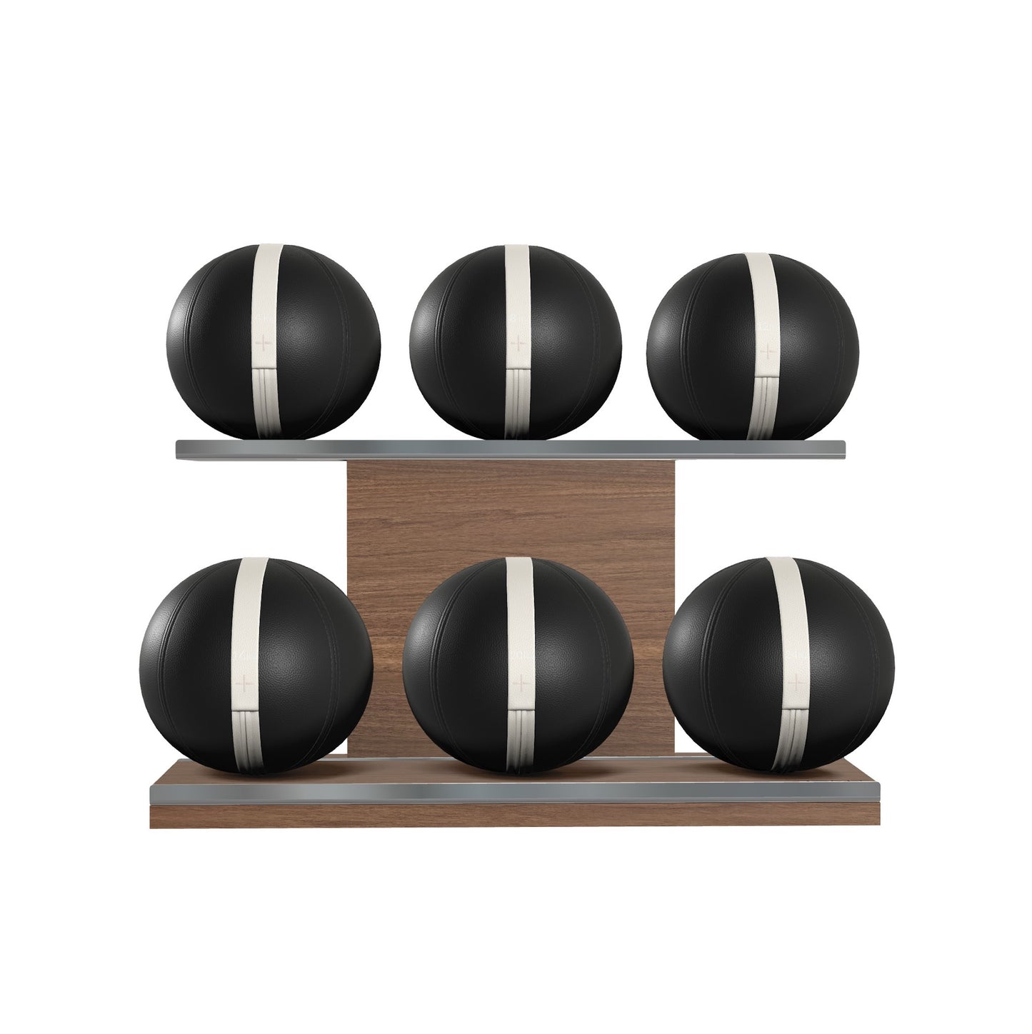 Six black leather medicine balls with white accent leather, arranged on two shelves made of natural walnut wood. PENT. MOXA Set Ultimate - Set of 6 Medicine Balls on Horizontal Wooden Stand