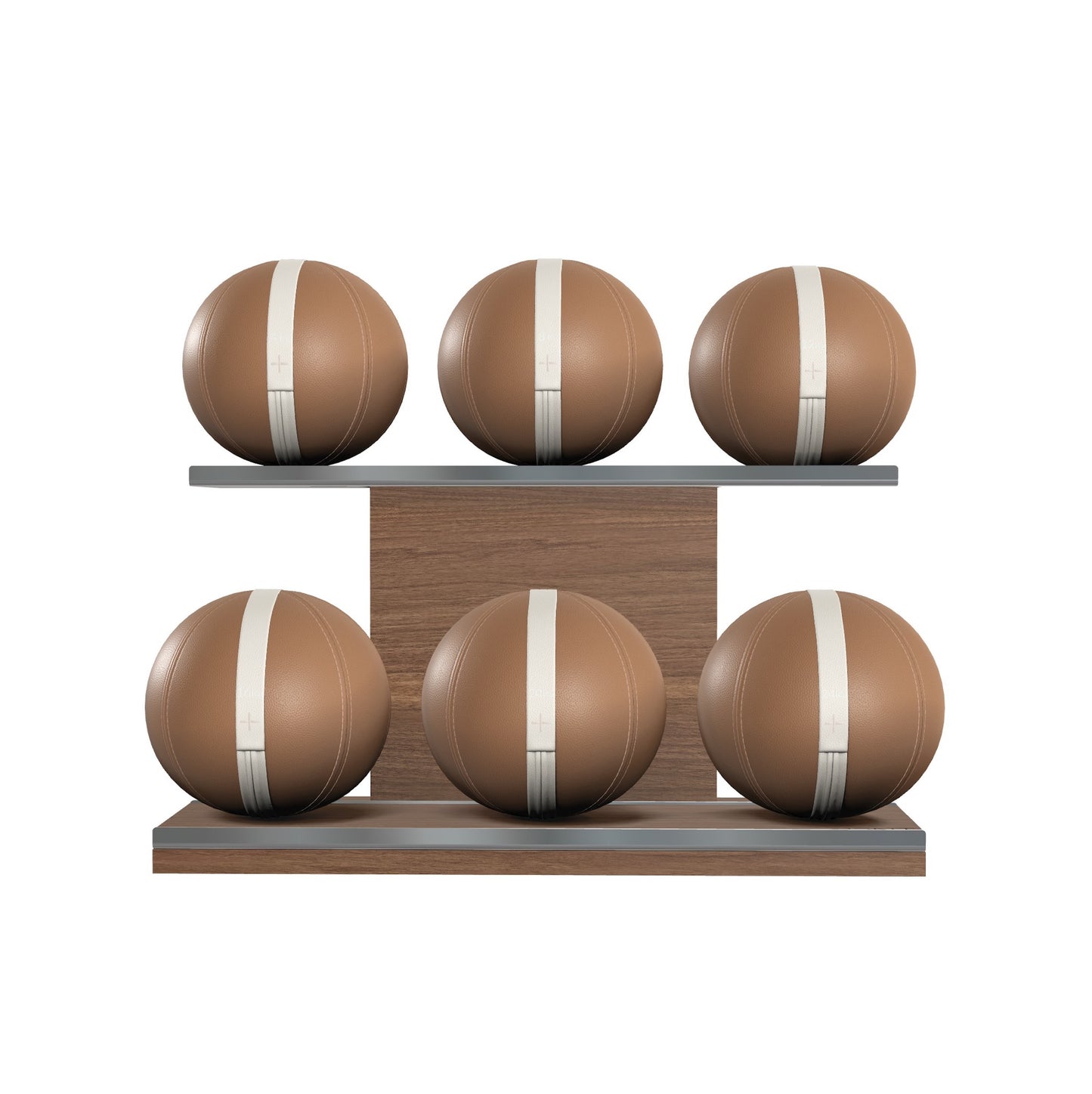 Six brown leather medicine balls with beige accent leather, arranged on two shelves made of natural walnut wood. PENT. MOXA Set Ultimate - Set of 6 Medicine Balls on Horizontal Wooden Stand