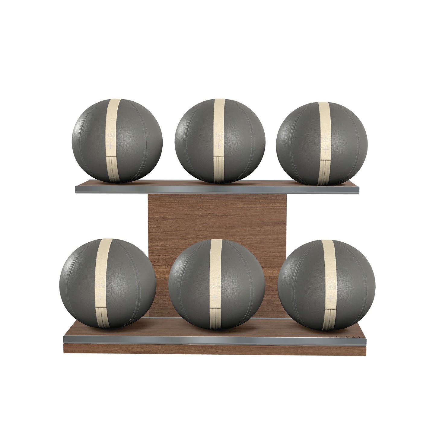 Six grey leather medicine balls with beige accent leather, arranged on two shelves made of natural walnut wood. PENT. MOXA Set Ultimate - Set of 6 Medicine Balls on Horizontal Wooden Stand