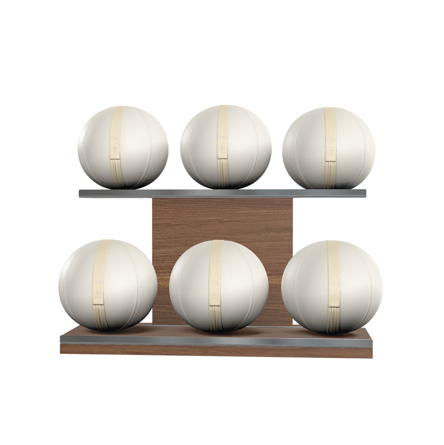 Six white leather medicine balls with beige accent leather, arranged on two shelves made of natural walnut wood. PENT. MOXA Set Ultimate - Set of 6 Medicine Balls on Horizontal Wooden Stand