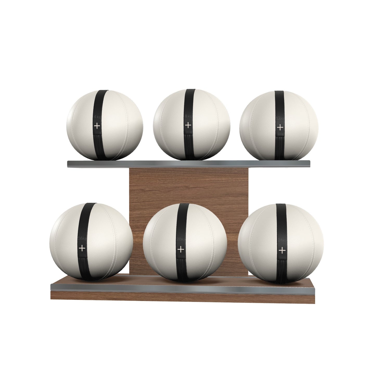 Six white leather medicine balls with black accent leather, arranged on two shelves made of natural walnut wood. PENT. MOXA Set Ultimate - Set of 6 Medicine Balls on Horizontal Wooden Stand