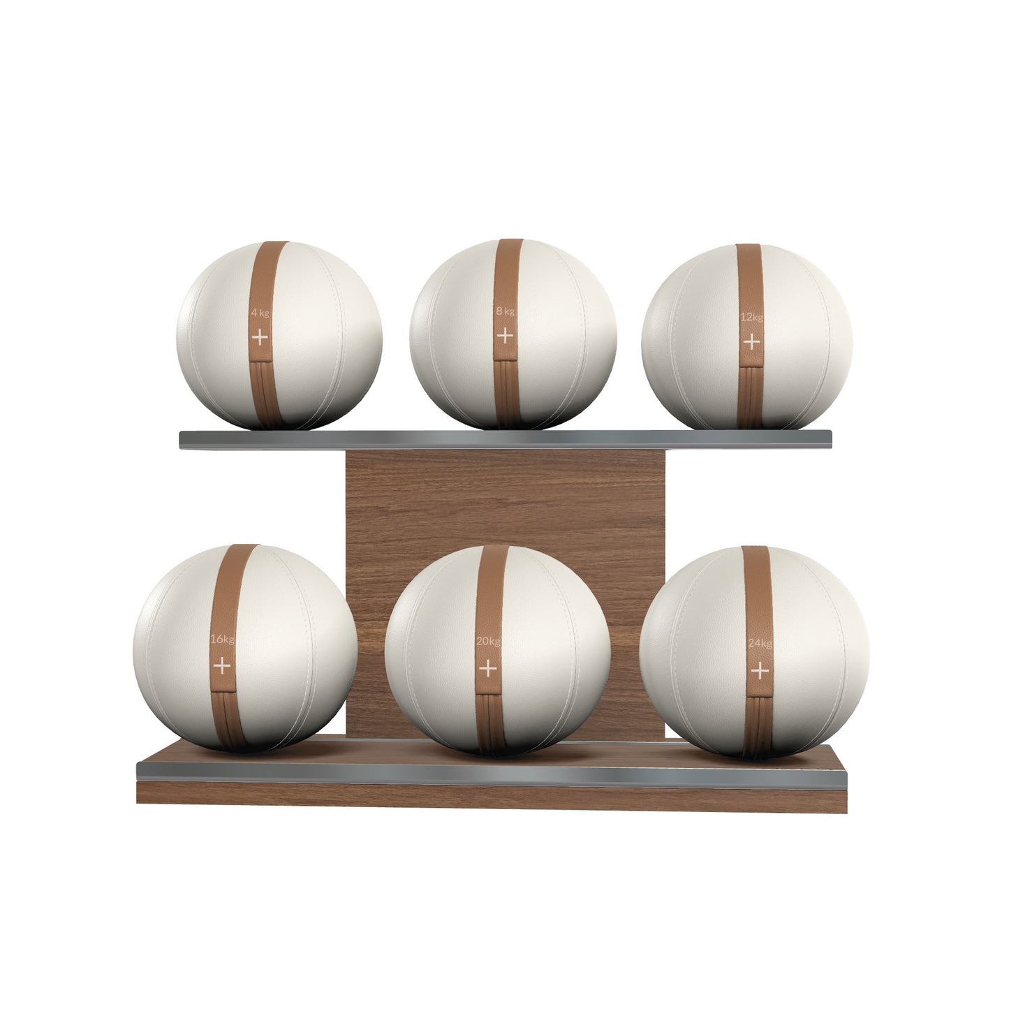 Six white leather medicine balls with brown accent leather, arranged on two shelves made of natural walnut wood. PENT. MOXA Set Ultimate - Set of 6 Medicine Balls on Horizontal Wooden Stand