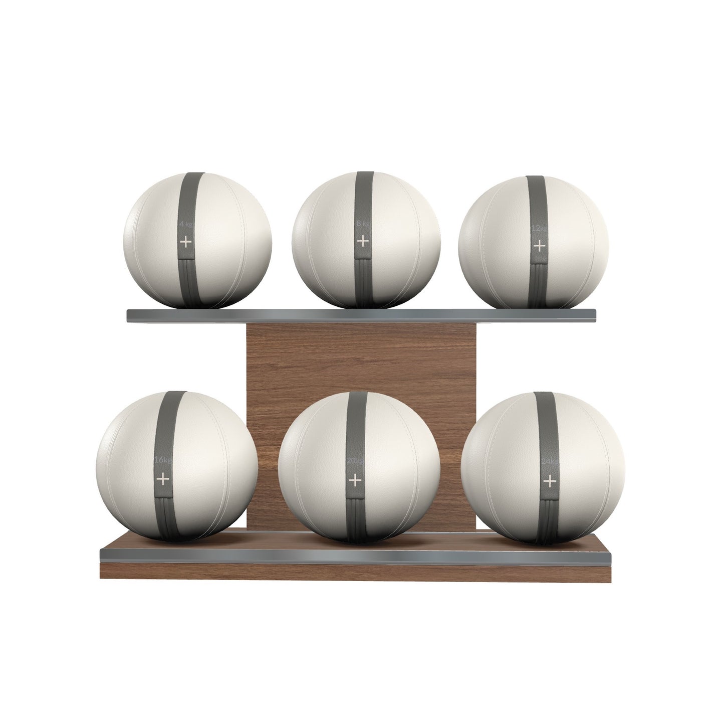 Six white leather medicine balls with grey accent leather, arranged on two shelves made of natural walnut wood. PENT. MOXA Set Ultimate - Set of 6 Medicine Balls on Horizontal Wooden Stand