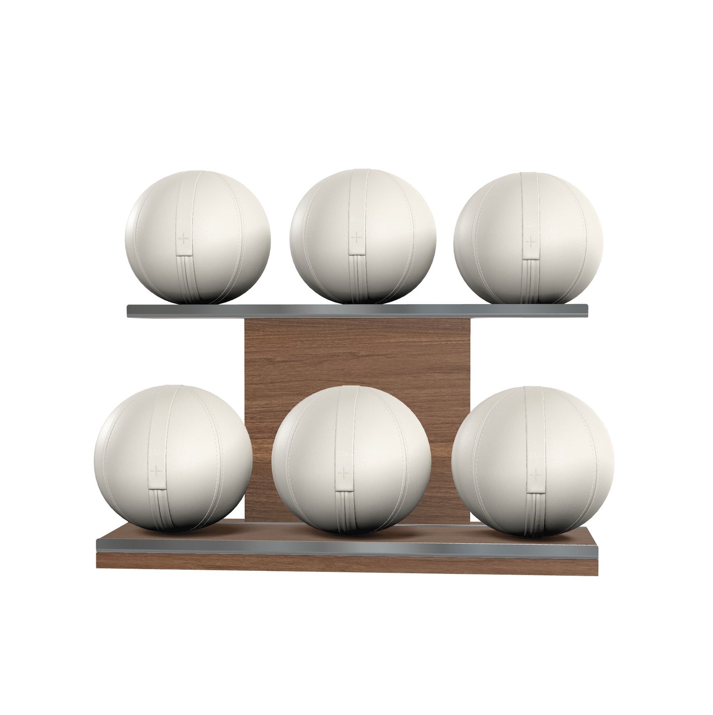 Six white leather medicine balls with white accent leather, arranged on two shelves made of natural walnut wood. PENT. MOXA Set Ultimate - Set of 6 Medicine Balls on Horizontal Wooden Stand
