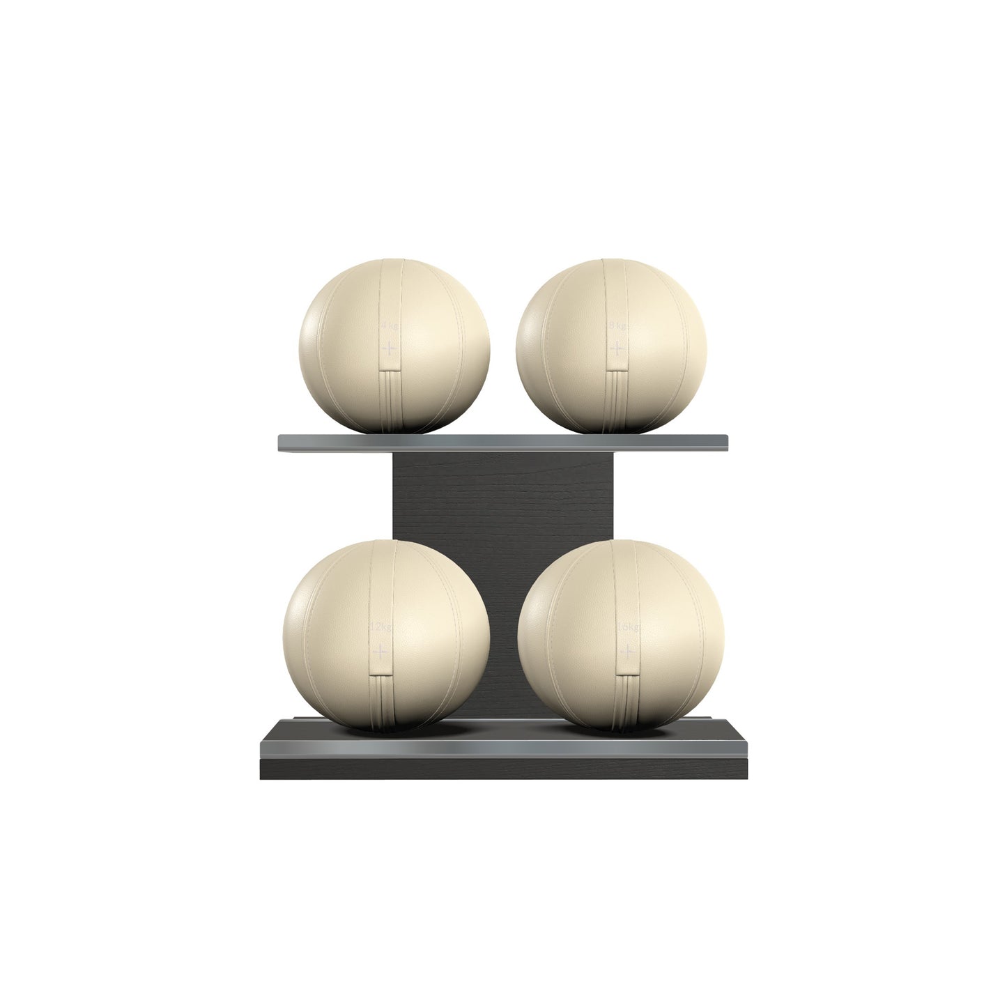 Four beige leather medicine balls with beige accent leather, arranged on two shelves made of black ash wood. PENT. MOXA Power - Set of 4 Medicine Balls on Horizontal Wooden Stand