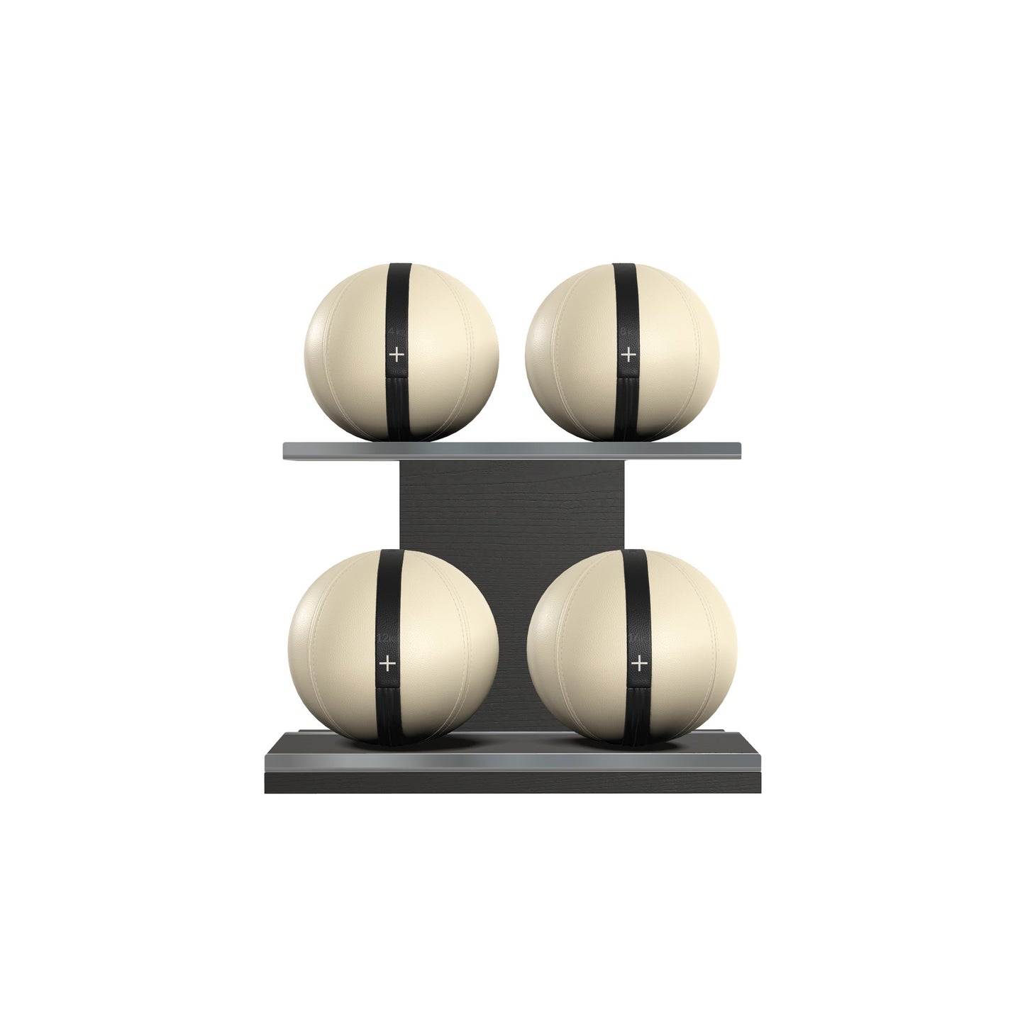 Four beige leather medicine balls with black accent leather, arranged on two shelves made of black ash wood. PENT. MOXA Power - Set of 4 Medicine Balls on Horizontal Wooden Stand