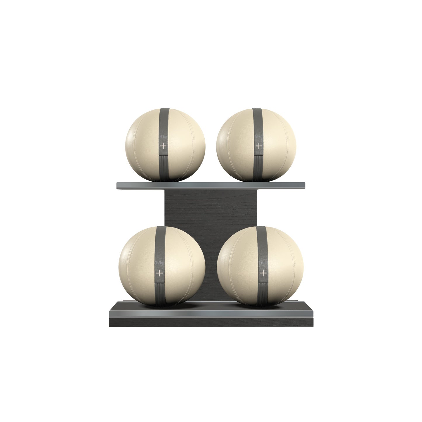 Four beige leather medicine balls with grey accent leather, arranged on two shelves made of black ash wood. PENT. MOXA Power - Set of 4 Medicine Balls on Horizontal Wooden Stand