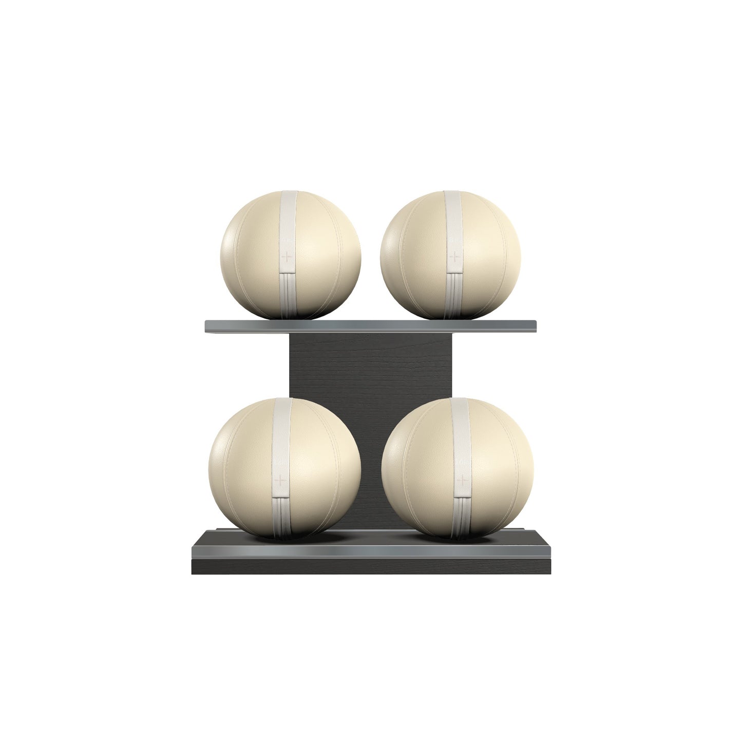 Four beige leather medicine balls with white accent leather, arranged on two shelves made of black ash wood. PENT. MOXA Power - Set of 4 Medicine Balls on Horizontal Wooden Stand