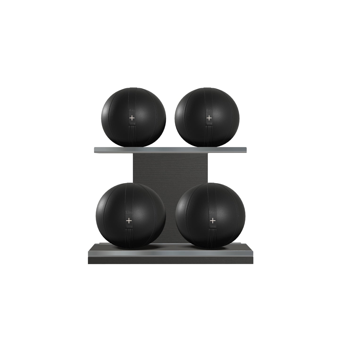 Four black leather medicine balls with black accent leather, arranged on two shelves made of black ash wood. PENT. MOXA Power - Set of 4 Medicine Balls on Horizontal Wooden Stand