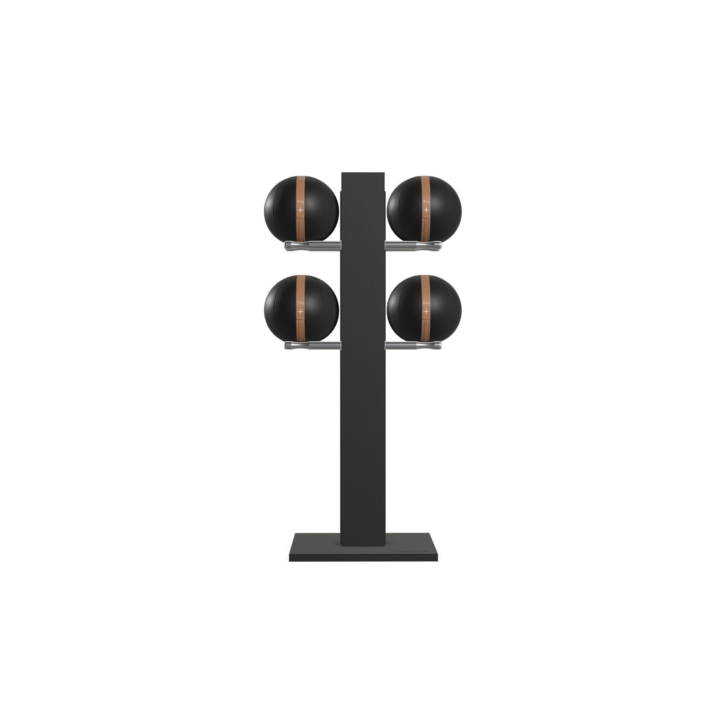 Luxury fitness equipment, 4 leather medicine ball on vertical wooden stand, handcrafted with premium Italian black leather and natural black ash wood. PENT. MOXA Set