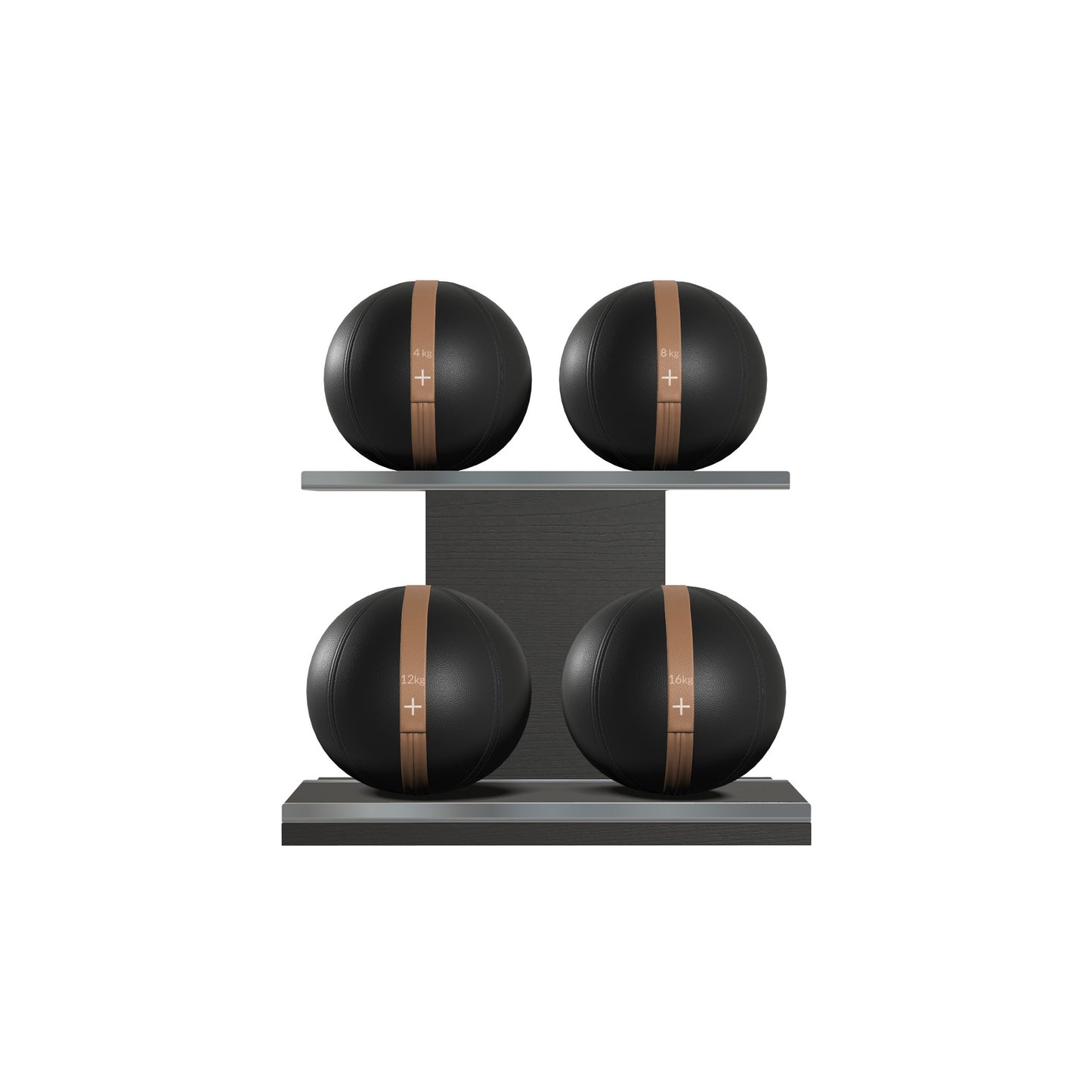 Four black leather medicine balls with brown accent leather, arranged on two shelves made of black ash wood. PENT. MOXA Power - Set of 4 Medicine Balls on Horizontal Wooden Stand