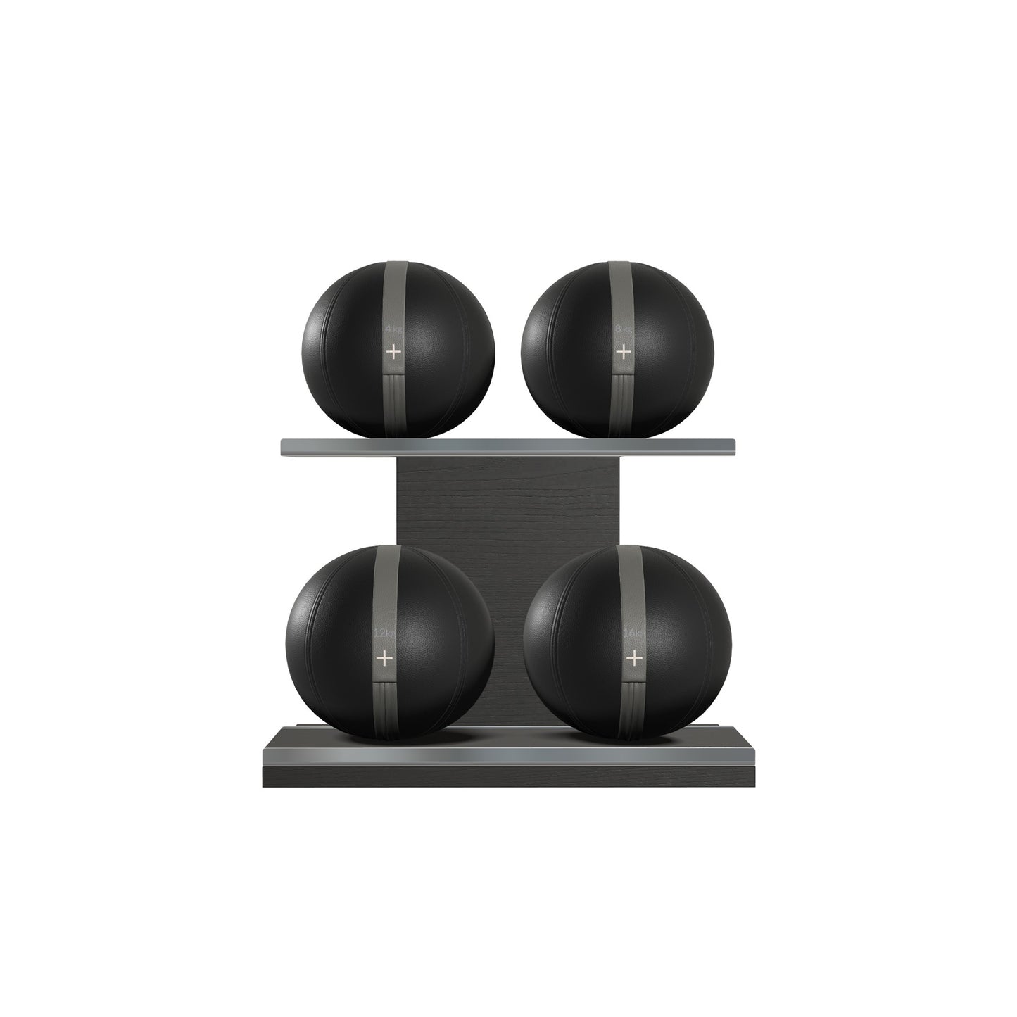 Four black leather medicine balls with grey accent leather, arranged on two shelves made of black ash wood. PENT. MOXA Power - Set of 4 Medicine Balls on Horizontal Wooden Stand