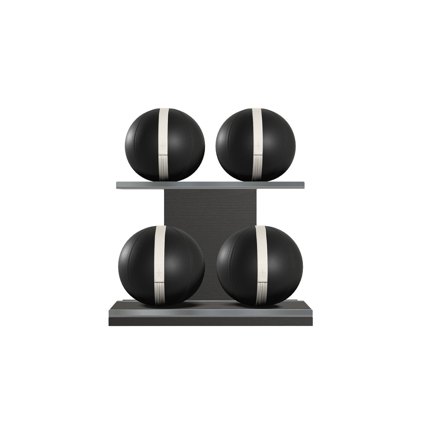 Four black leather medicine balls with white accent leather, arranged on two shelves made of black ash wood. PENT. MOXA Power - Set of 4 Medicine Balls on Horizontal Wooden Stand