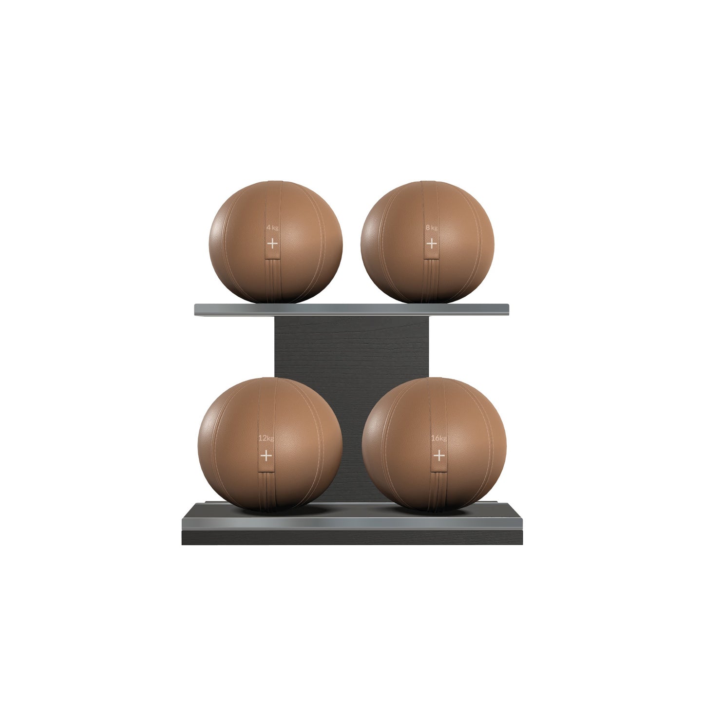 Four brown leather medicine balls with brown accent leather, arranged on two shelves made of black ash wood. PENT. MOXA Power - Set of 4 Medicine Balls on Horizontal Wooden Stand