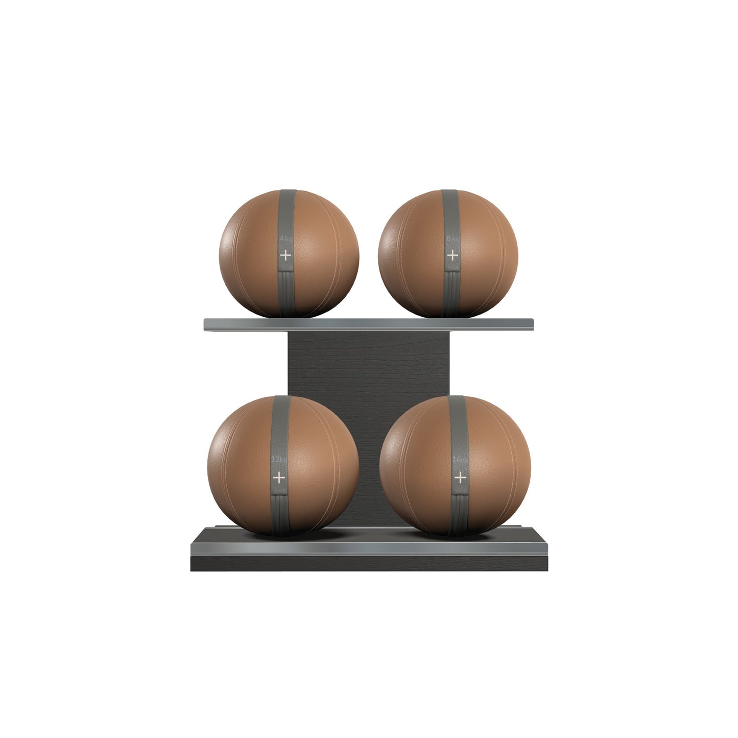 Four brown leather medicine balls with grey accent leather, arranged on two shelves made of black ash wood. PENT. MOXA Power - Set of 4 Medicine Balls on Horizontal Wooden Stand