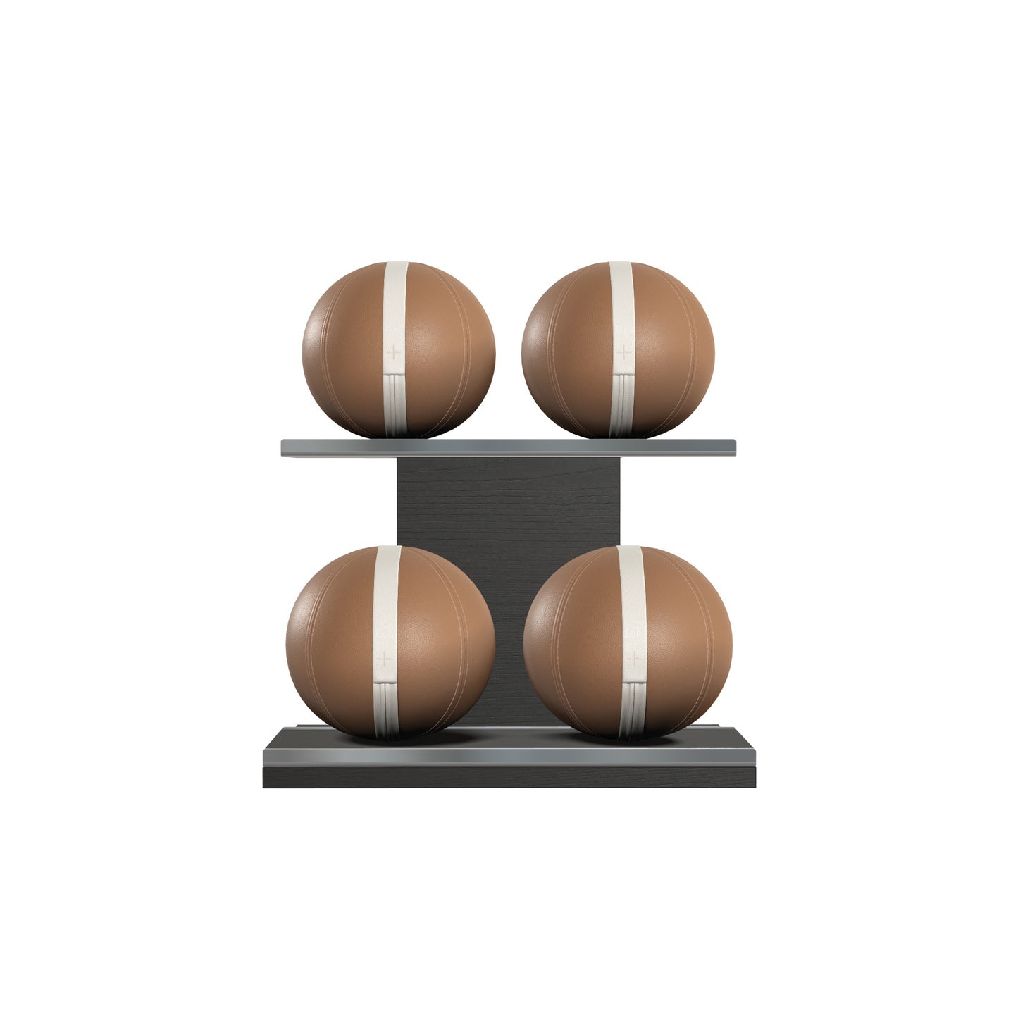 Four brown leather medicine balls with white accent leather, arranged on two shelves made of black ash wood. PENT. MOXA Power - Set of 4 Medicine Balls on Horizontal Wooden Stand