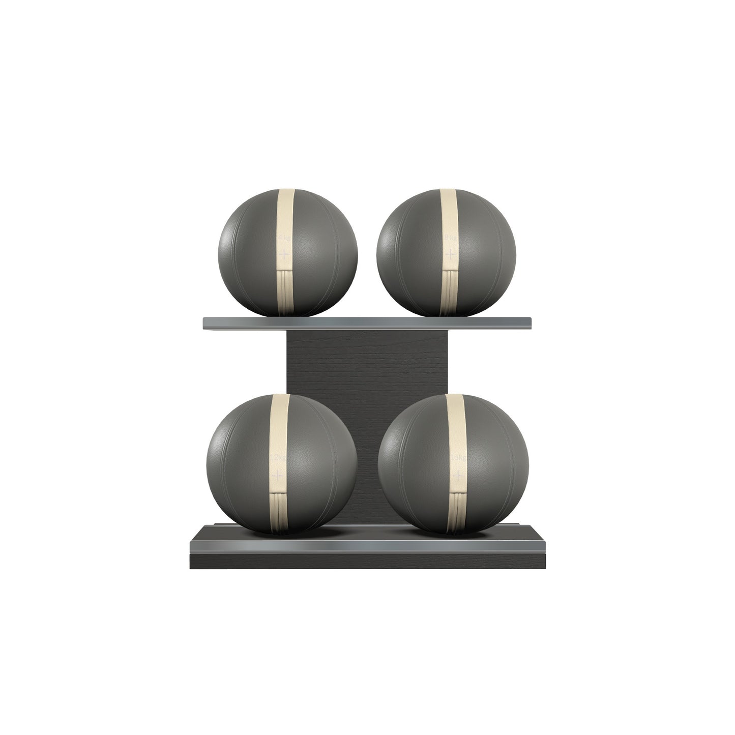 Four black leather medicine balls with beige accent leather, arranged on two shelves made of black ash wood. PENT. MOXA Power - Set of 4 Medicine Balls on Horizontal Wooden Stand