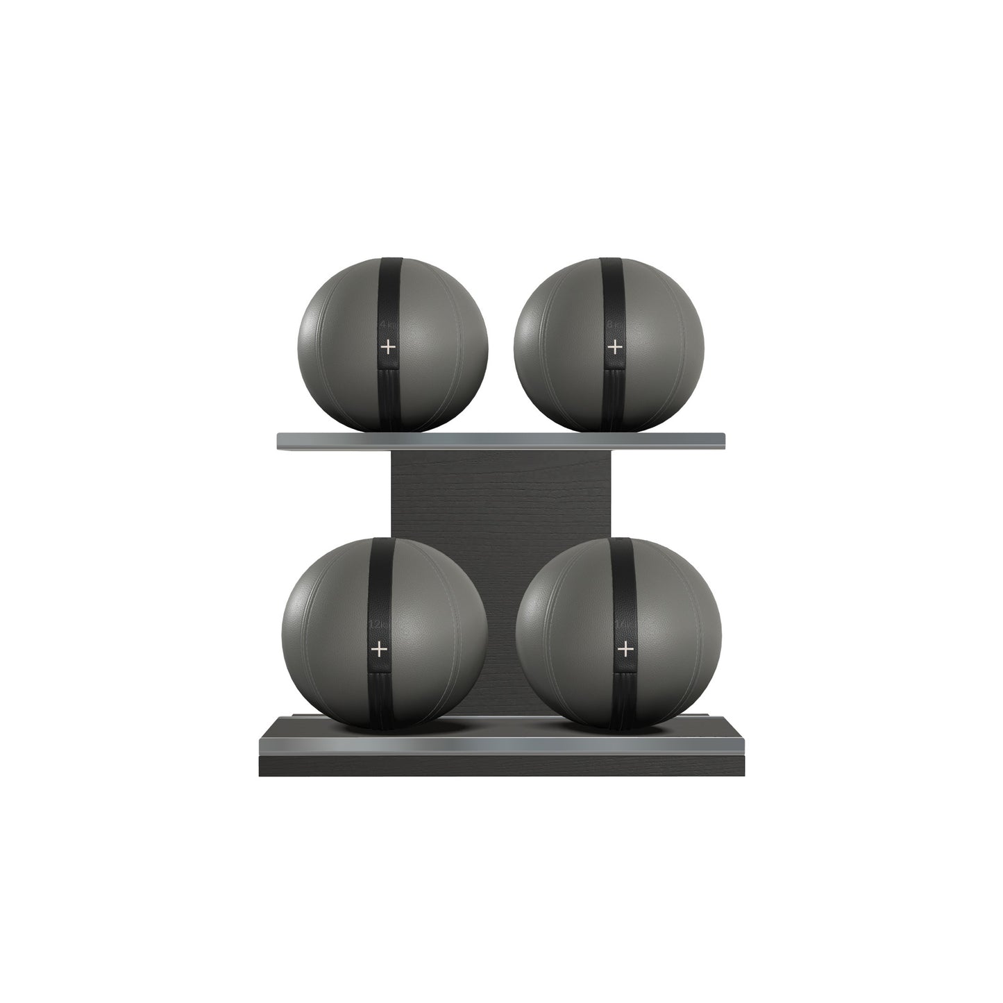 Four black leather medicine balls with black accent leather, arranged on two shelves made of black ash wood. PENT. MOXA Power - Set of 4 Medicine Balls on Horizontal Wooden Stand