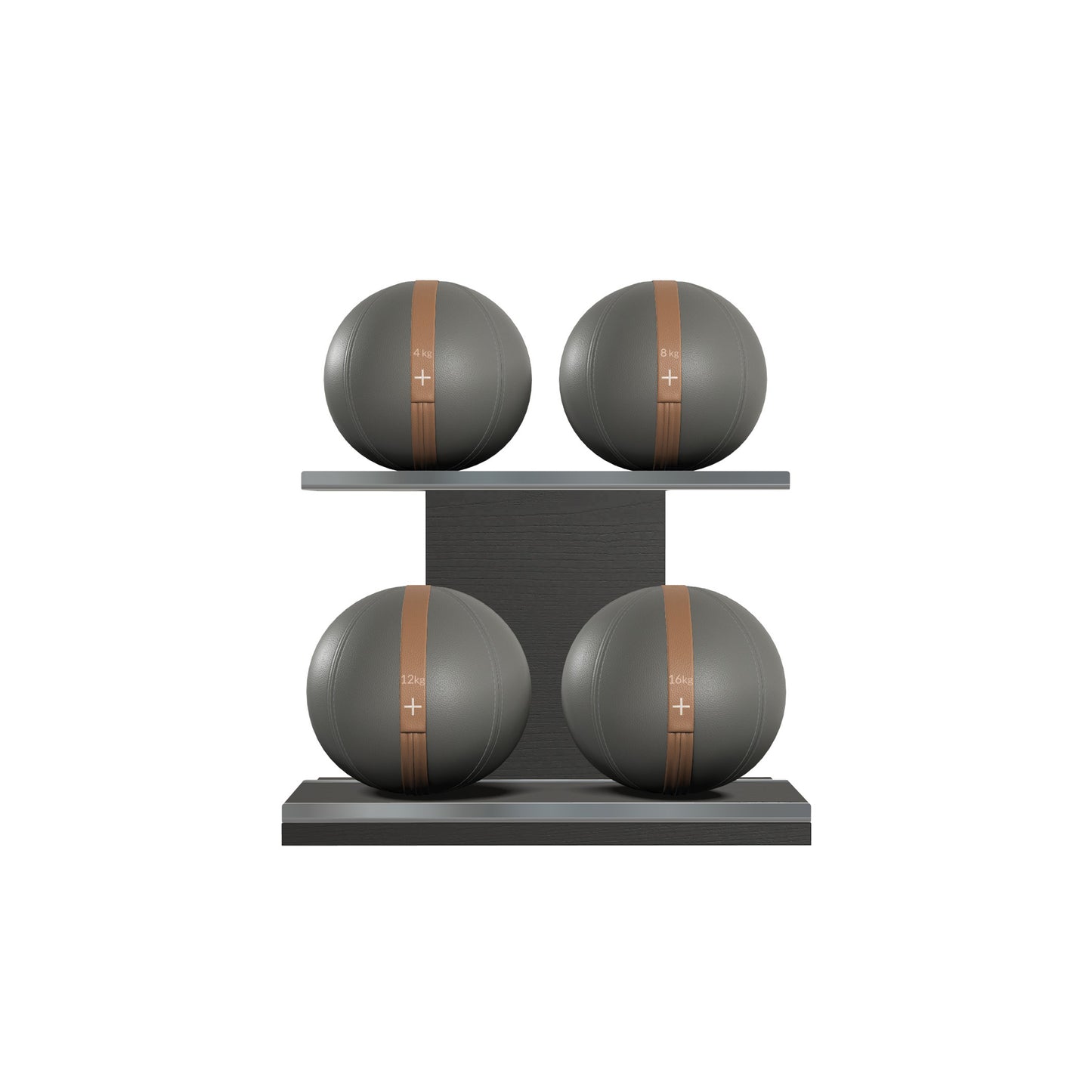 Four black leather medicine balls with brown accent leather, arranged on two shelves made of black ash wood. PENT. MOXA Power - Set of 4 Medicine Balls on Horizontal Wooden Stand