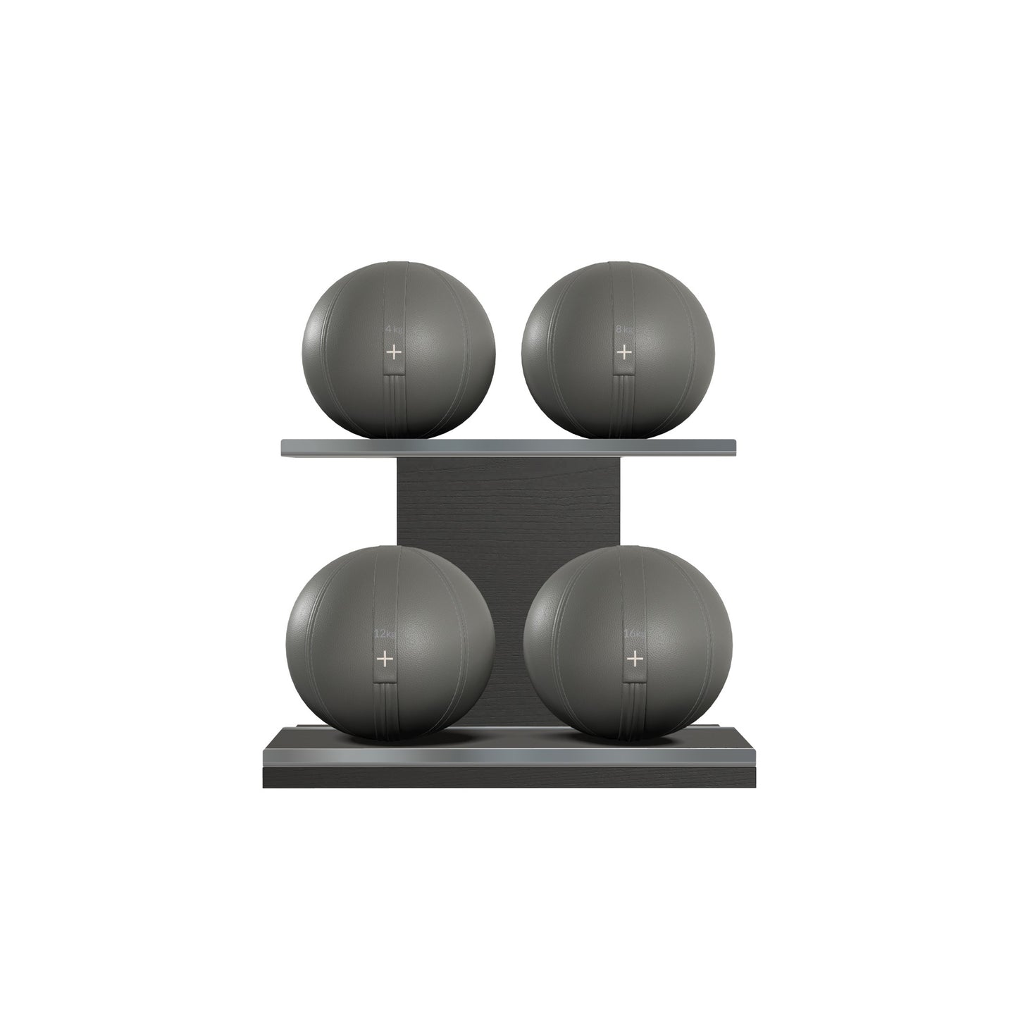 Four black leather medicine balls with grey accent leather, arranged on two shelves made of black ash wood. PENT. MOXA Power - Set of 4 Medicine Balls on Horizontal Wooden Stand