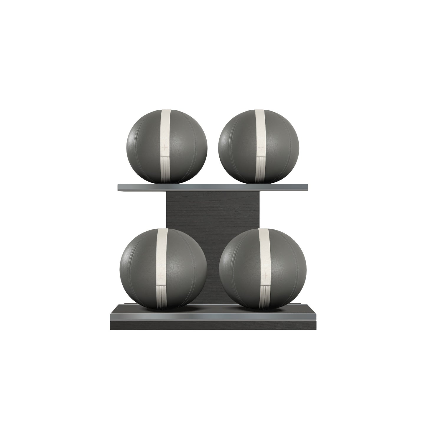 Four grey leather medicine balls with white accent leather, arranged on two shelves made of black ash wood. PENT. MOXA Power - Set of 4 Medicine Balls on Horizontal Wooden Stand