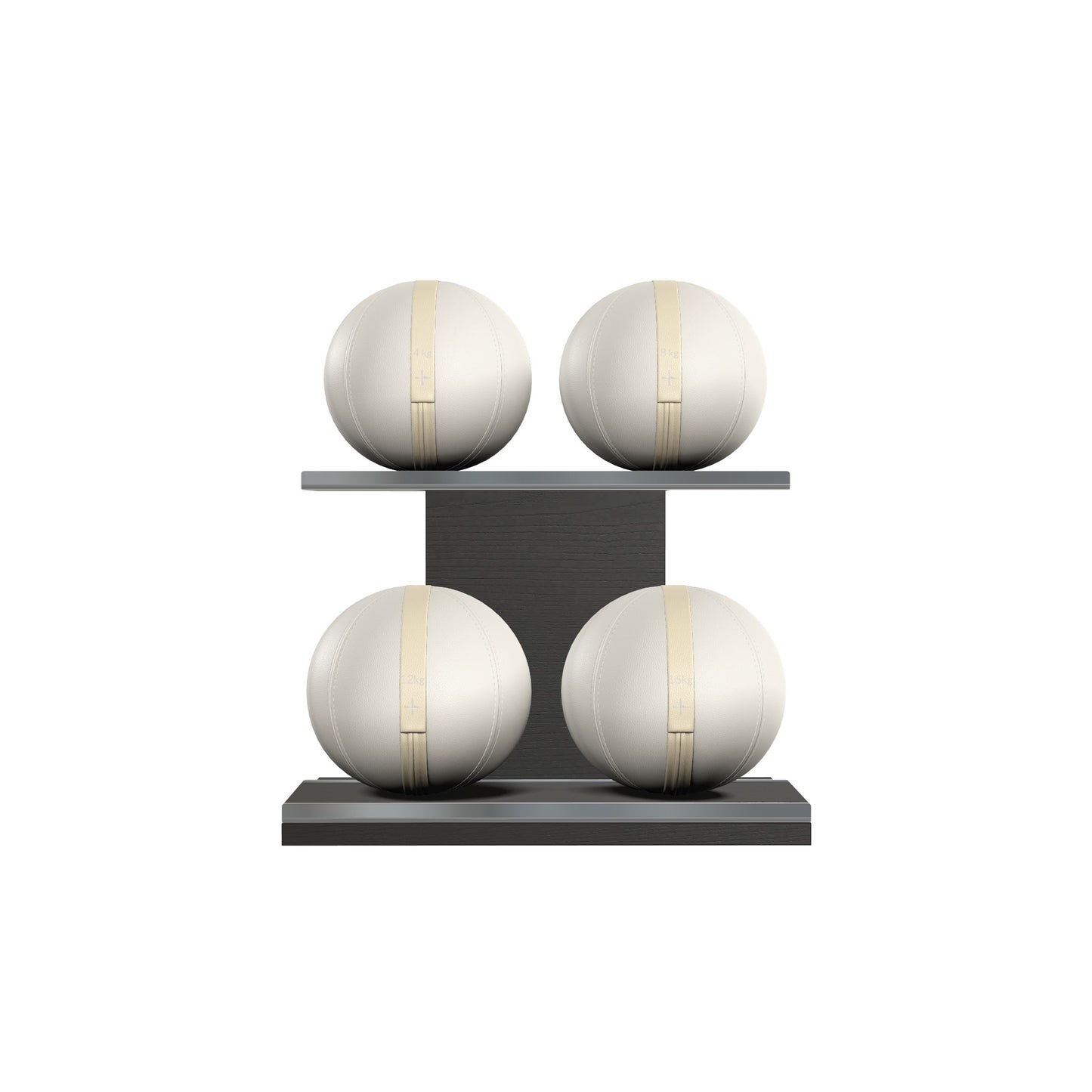 Four white leather medicine balls with beige accent leather, arranged on two shelves made of black ash wood. PENT. MOXA Power - Set of 4 Medicine Balls on Horizontal Wooden Stand