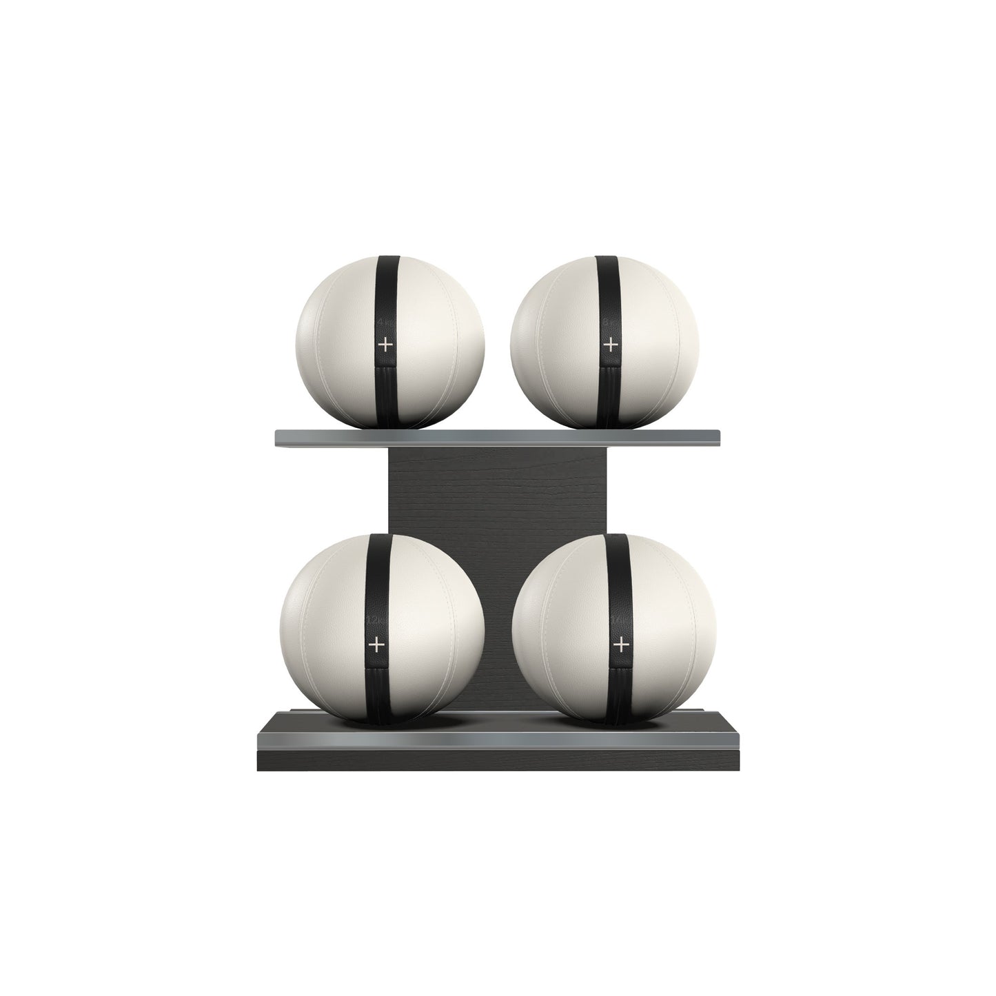 Four white leather medicine balls with black accent leather, arranged on two shelves made of black ash wood. PENT. MOXA Power - Set of 4 Medicine Balls on Horizontal Wooden Stand