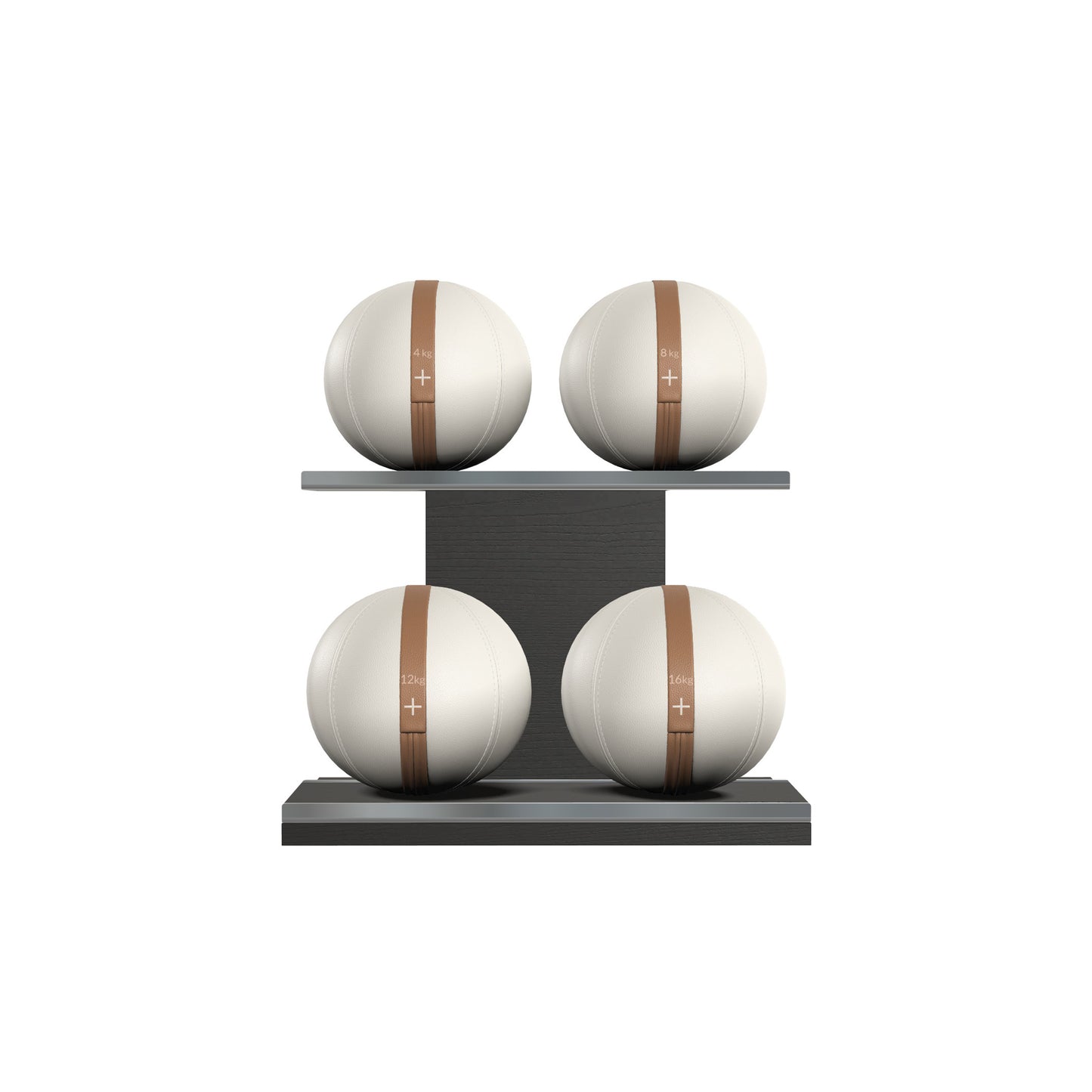 Four white leather medicine balls with brown accent leather, arranged on two shelves made of black ash wood. PENT. MOXA Power - Set of 4 Medicine Balls on Horizontal Wooden Stand