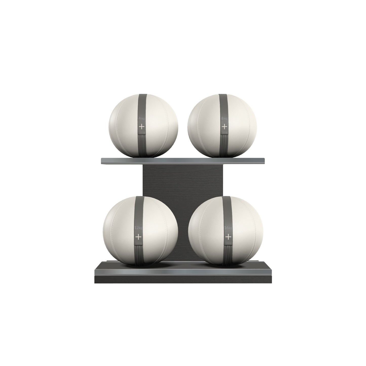 Four white leather medicine balls with grey accent leather, arranged on two shelves made of black ash wood. PENT. MOXA Power - Set of 4 Medicine Balls on Horizontal Wooden Stand