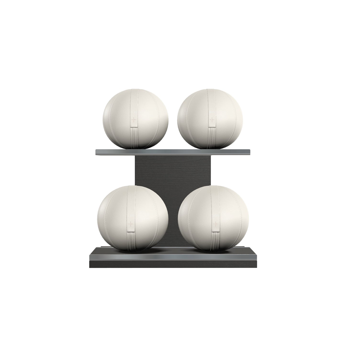 Four white leather medicine balls with white accent leather, arranged on two shelves made of black ash wood. PENT. MOXA Power - Set of 4 Medicine Balls on Horizontal Wooden Stand