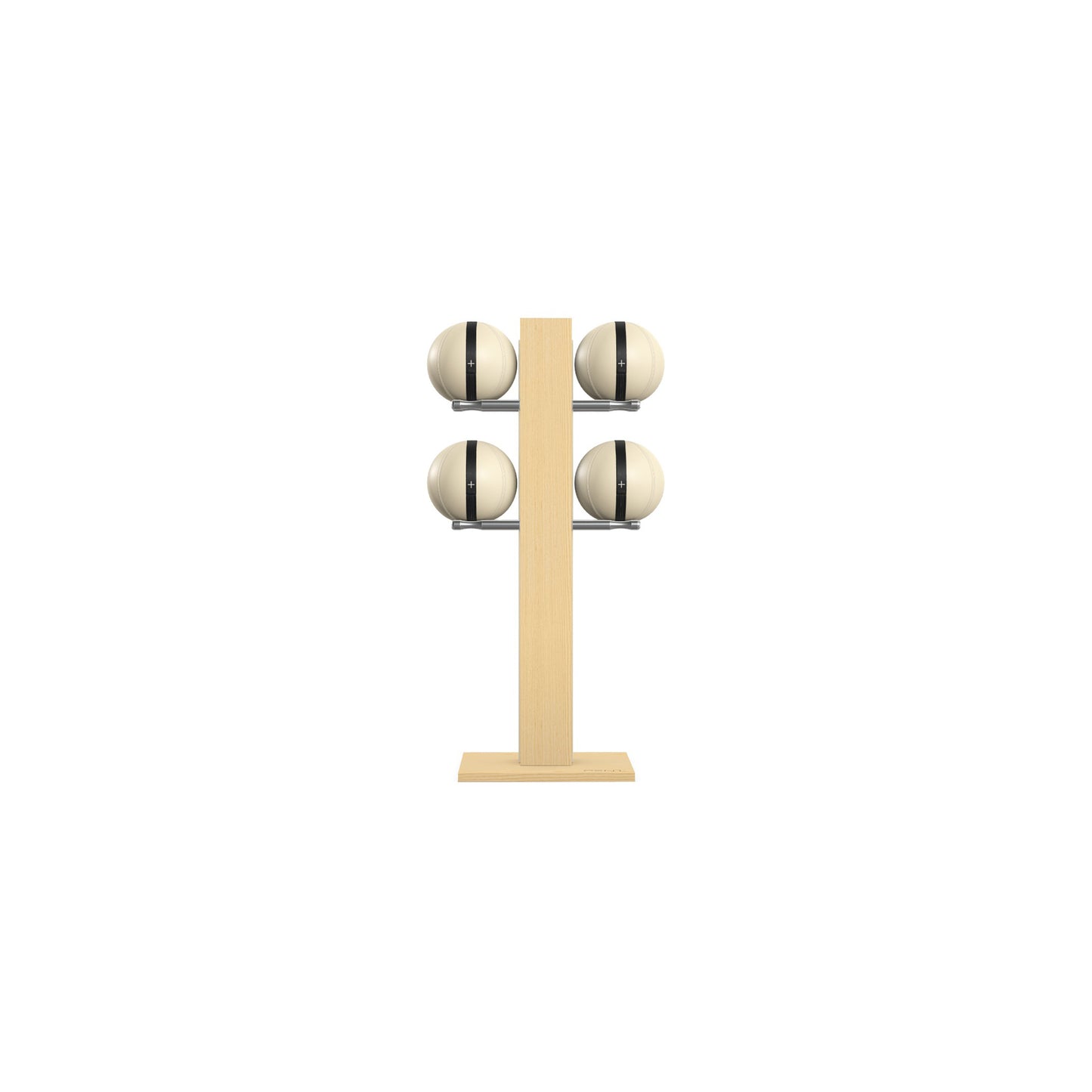 Luxury fitness equipment, 4 leather medicine ball on vertical wooden stand, handcrafted with premium Italian beige leather and natural ash wood. PENT. MOXA Set