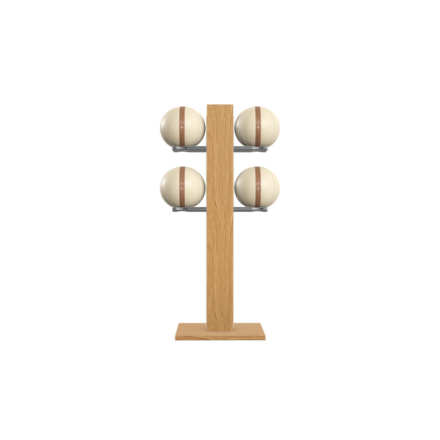 Luxury fitness equipment, 4 leather medicine ball on vertical wooden stand, handcrafted with premium Italian beige leather and natural oak wood. PENT. MOXA Set
