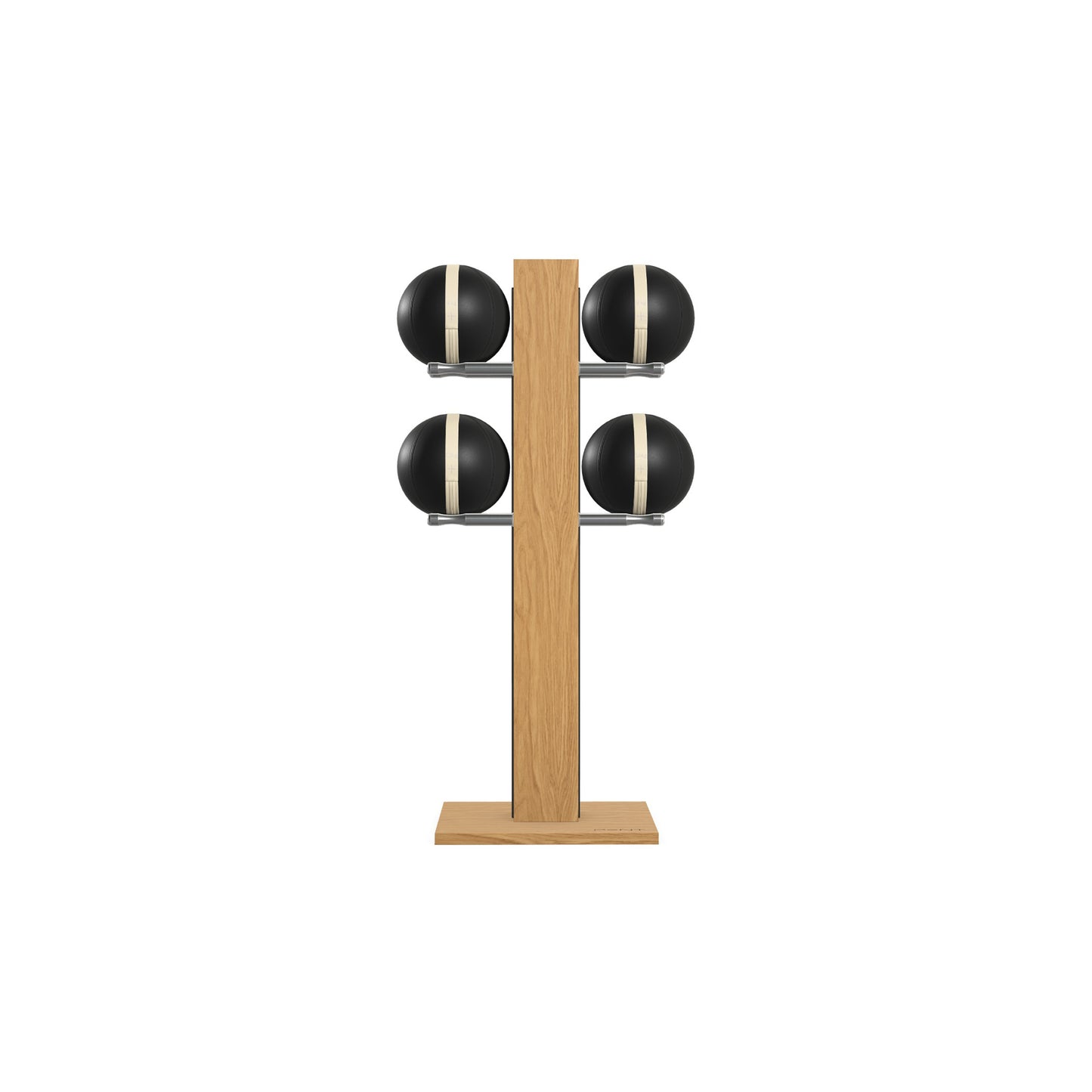 Luxury fitness equipment, 4 leather medicine ball on vertical wooden stand, handcrafted with premium Italian black leather and natural oak wood. PENT. MOXA Set