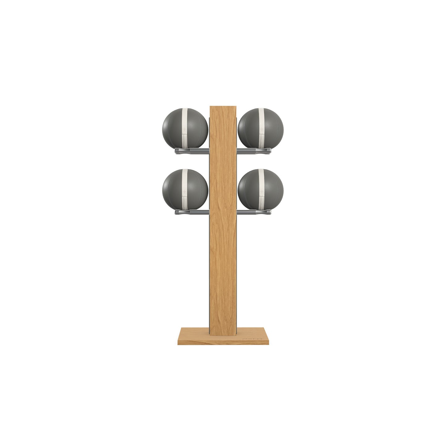 Luxury fitness equipment, 4 leather medicine ball on vertical wooden stand, handcrafted with premium Italian grey leather and natural oak wood. PENT. MOXA Set