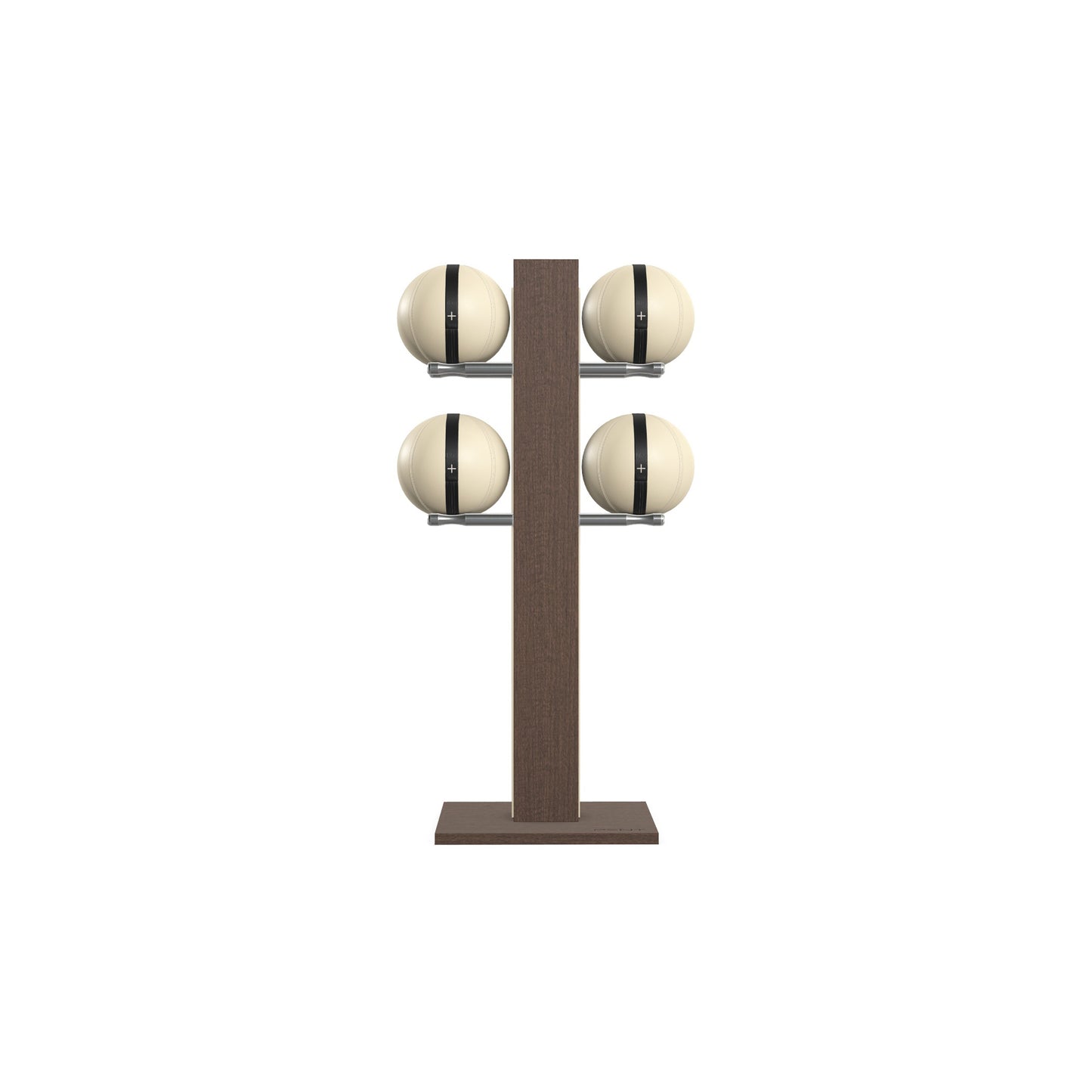 Luxury fitness equipment, 4 leather medicine ball on vertical wooden stand, handcrafted with premium Italian beige leather and dark walnut wood. PENT. MOXA Set