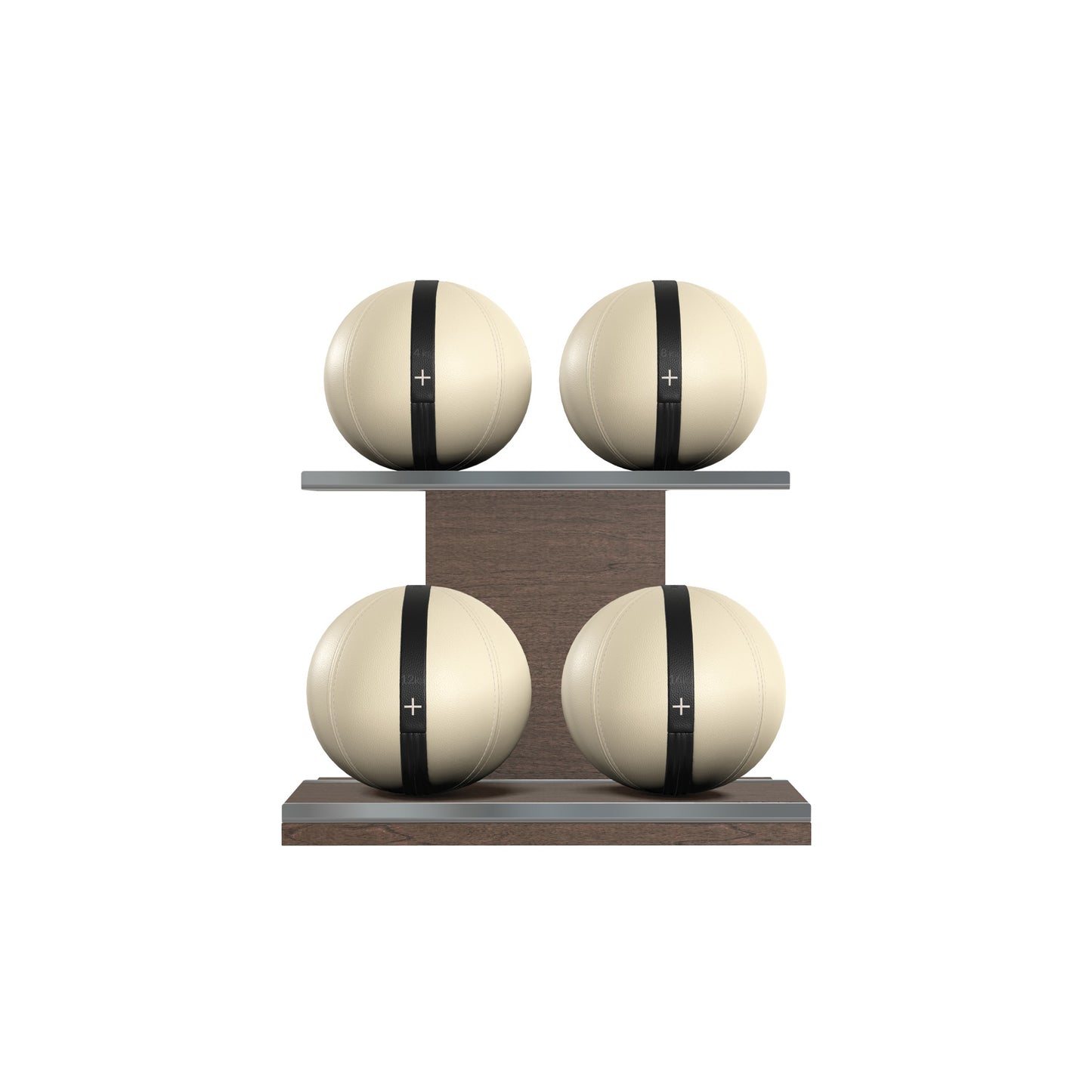 Four beige leather medicine balls with black accent leather, arranged on two shelves made of natural walnut wood. PENT. MOXA Power - Set of 4 Medicine Balls on Horizontal Wooden Stand