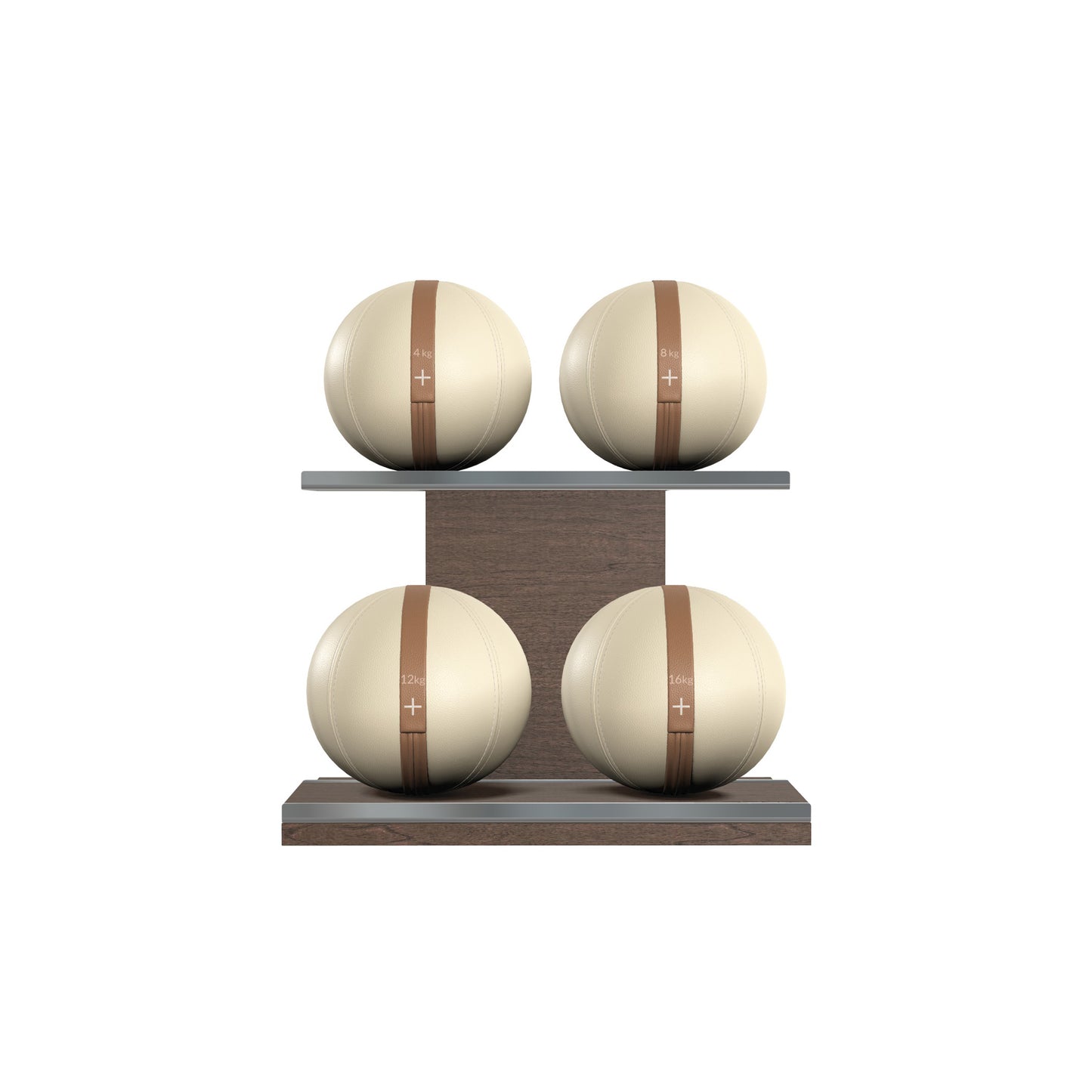 Four beige leather medicine balls with brown accent leather, arranged on two shelves made of natural walnut wood. PENT. MOXA Power - Set of 4 Medicine Balls on Horizontal Wooden Stand