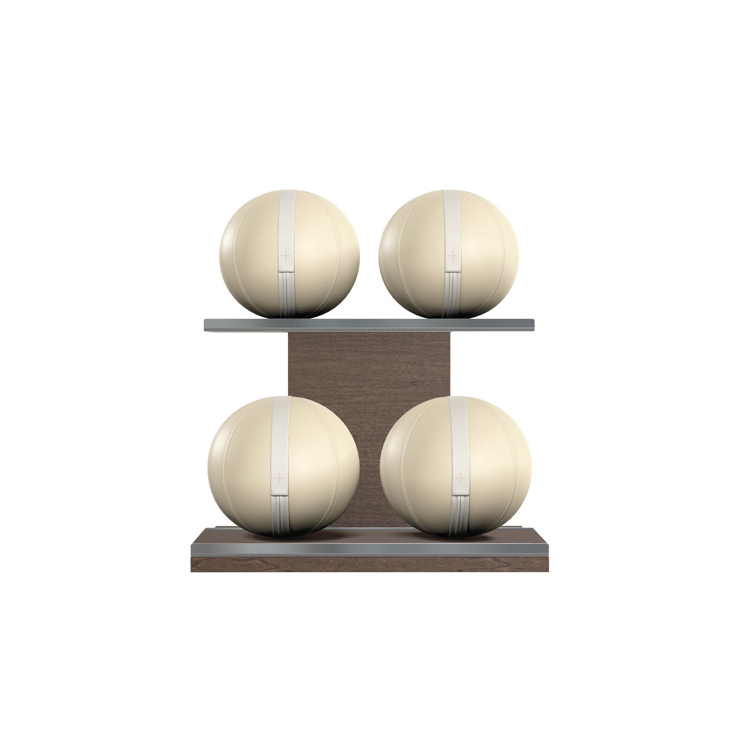 Four beige leather medicine balls with white accent leather, arranged on two shelves made of natural walnut wood. PENT. MOXA Power - Set of 4 Medicine Balls on Horizontal Wooden Stand