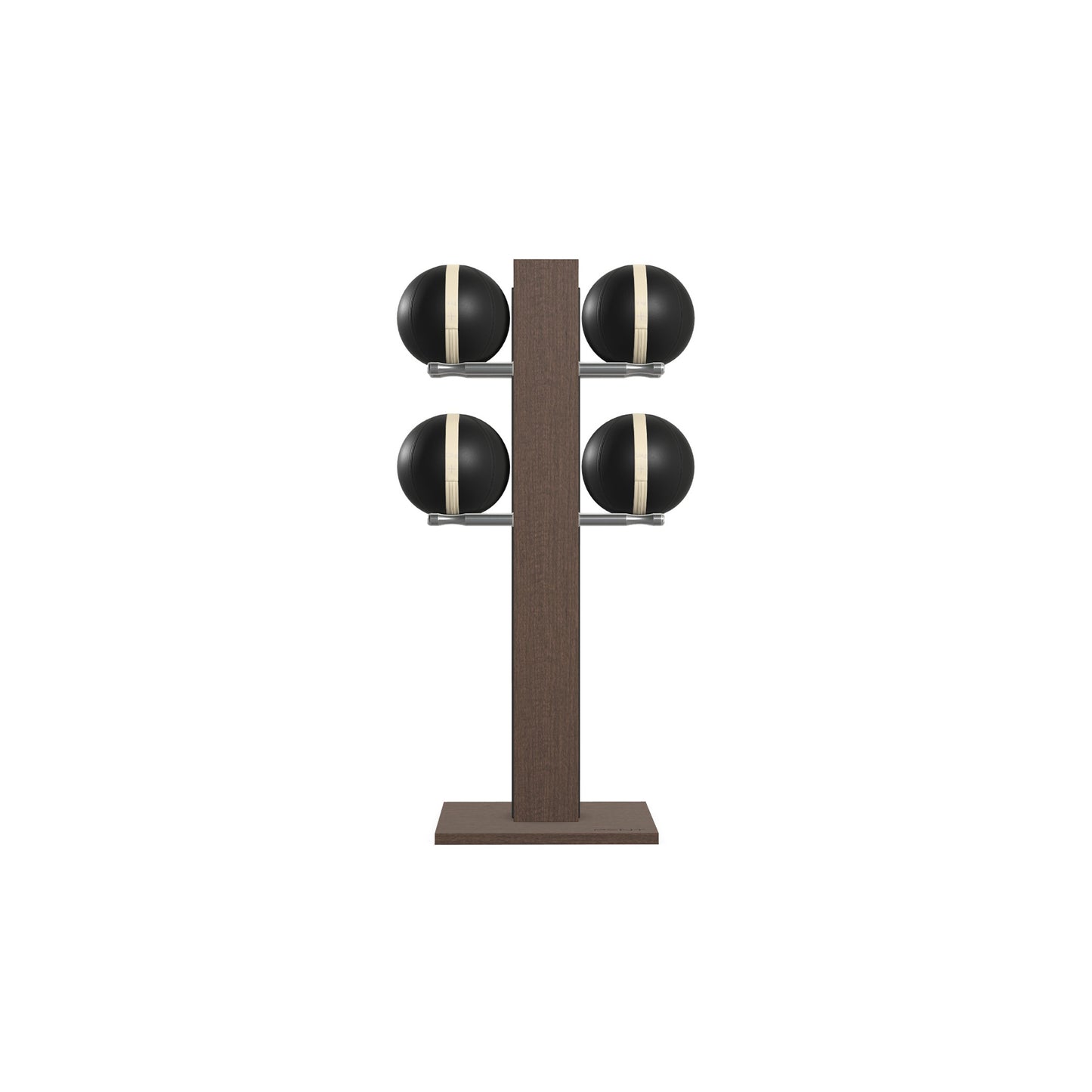 Luxury fitness equipment, 4 leather medicine ball on vertical wooden stand, handcrafted with premium Italian black leather and dark walnut wood. PENT. MOXA Set