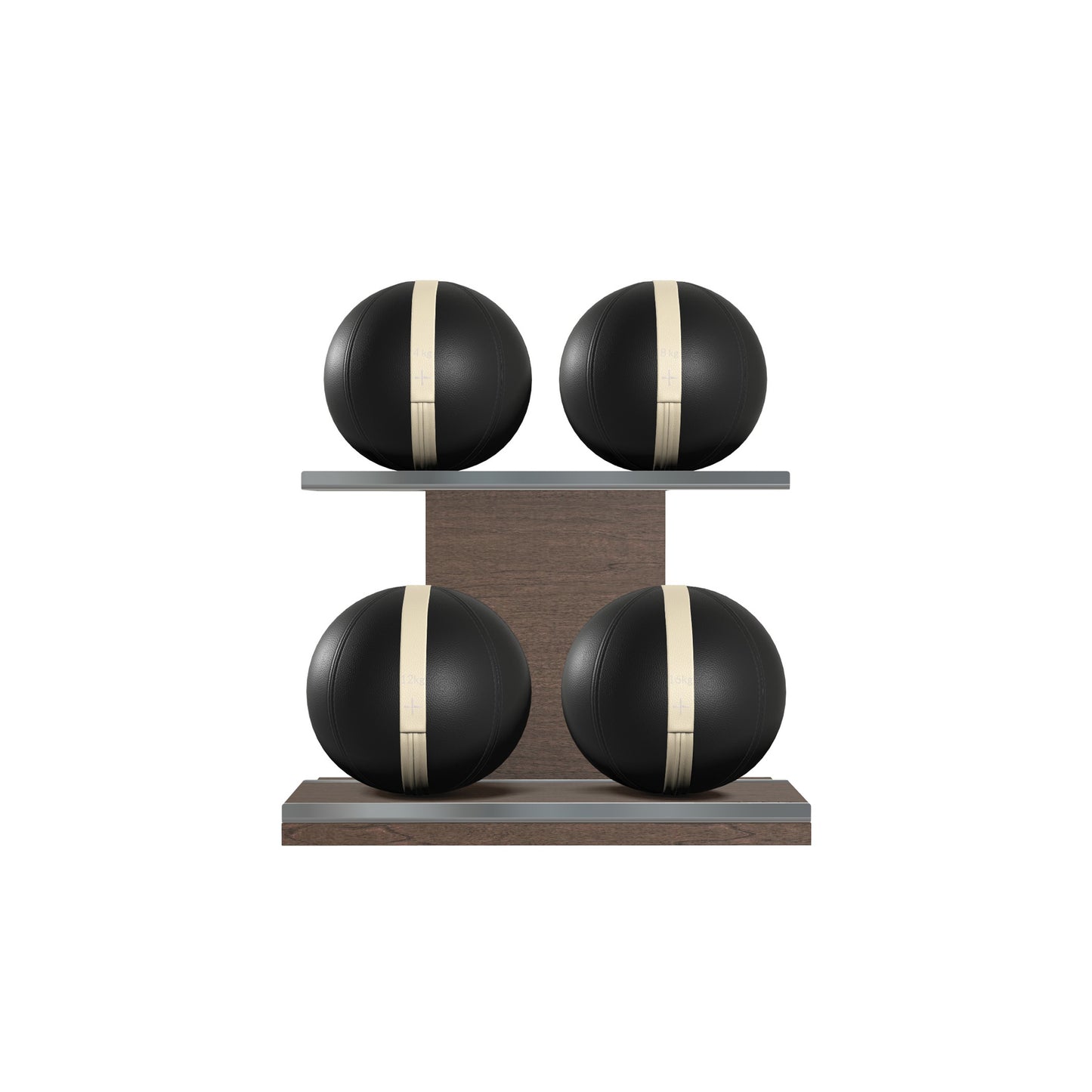 Four black leather medicine balls with beige accent leather, arranged on two shelves made of natural wood. PENT. MOXA Power - Set of 4 Medicine Balls on Horizontal Wooden Stand