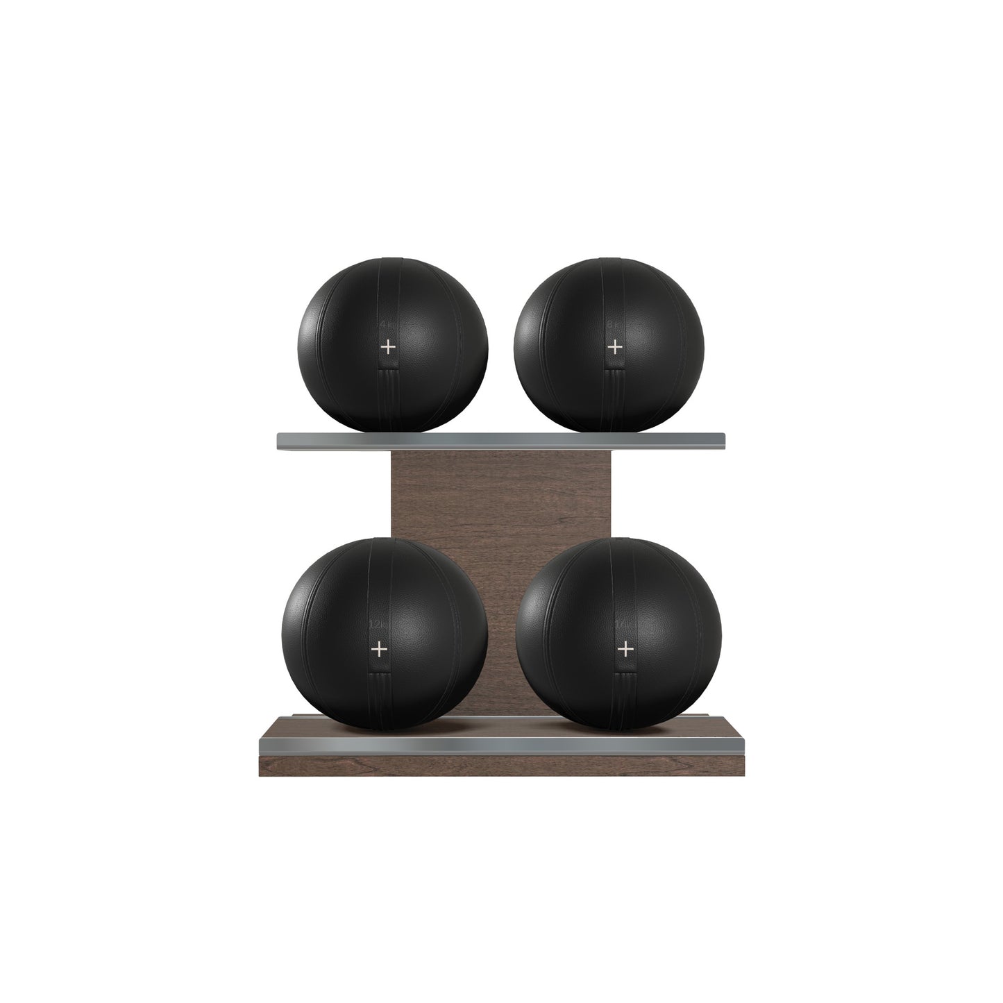 Four black leather medicine balls with black accent leather, arranged on two shelves made of natural wood. PENT. MOXA Power - Set of 4 Medicine Balls on Horizontal Wooden Stand