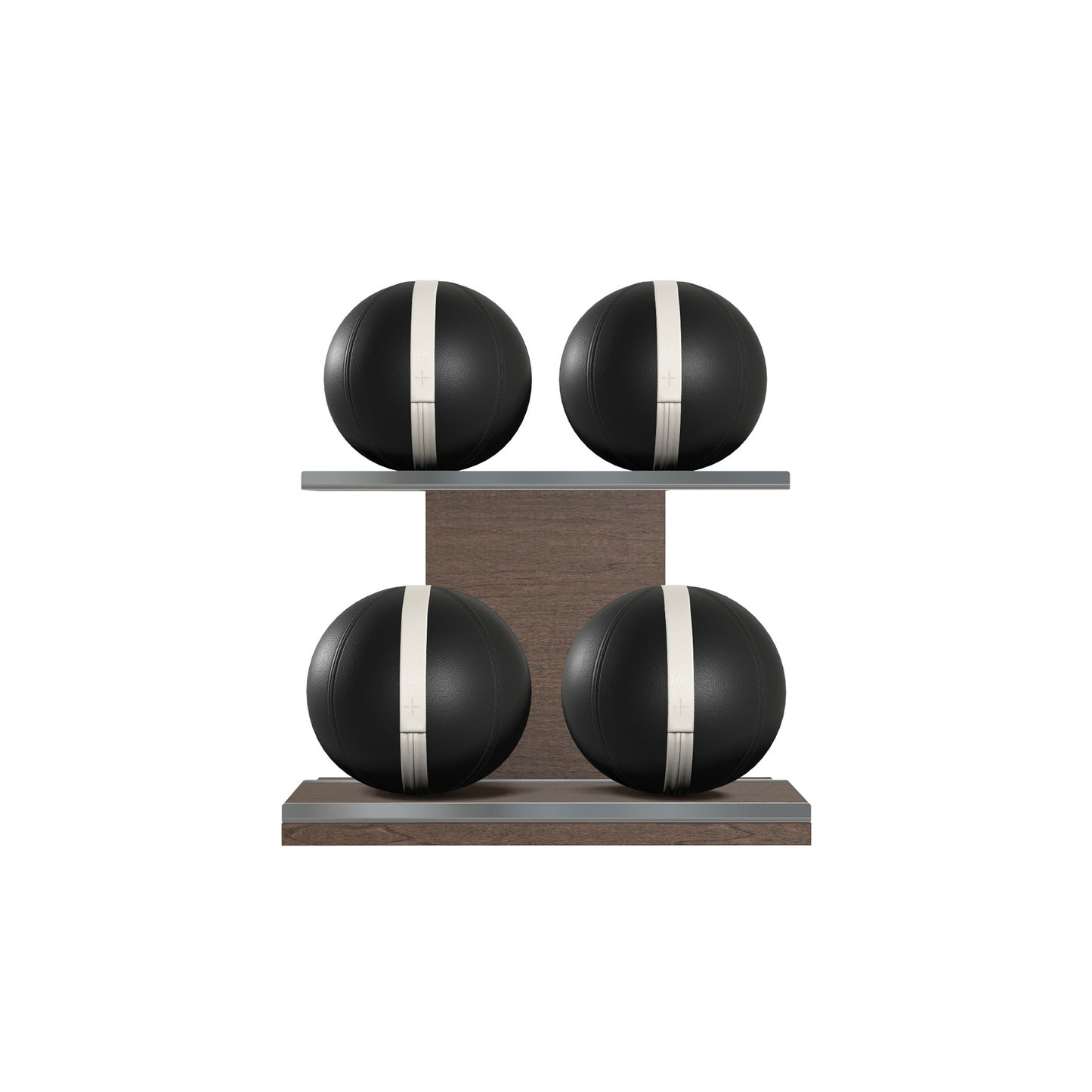 Four black leather medicine balls with white accent leather, arranged on two shelves made of natural wood. PENT. MOXA Power - Set of 4 Medicine Balls on Horizontal Wooden Stand