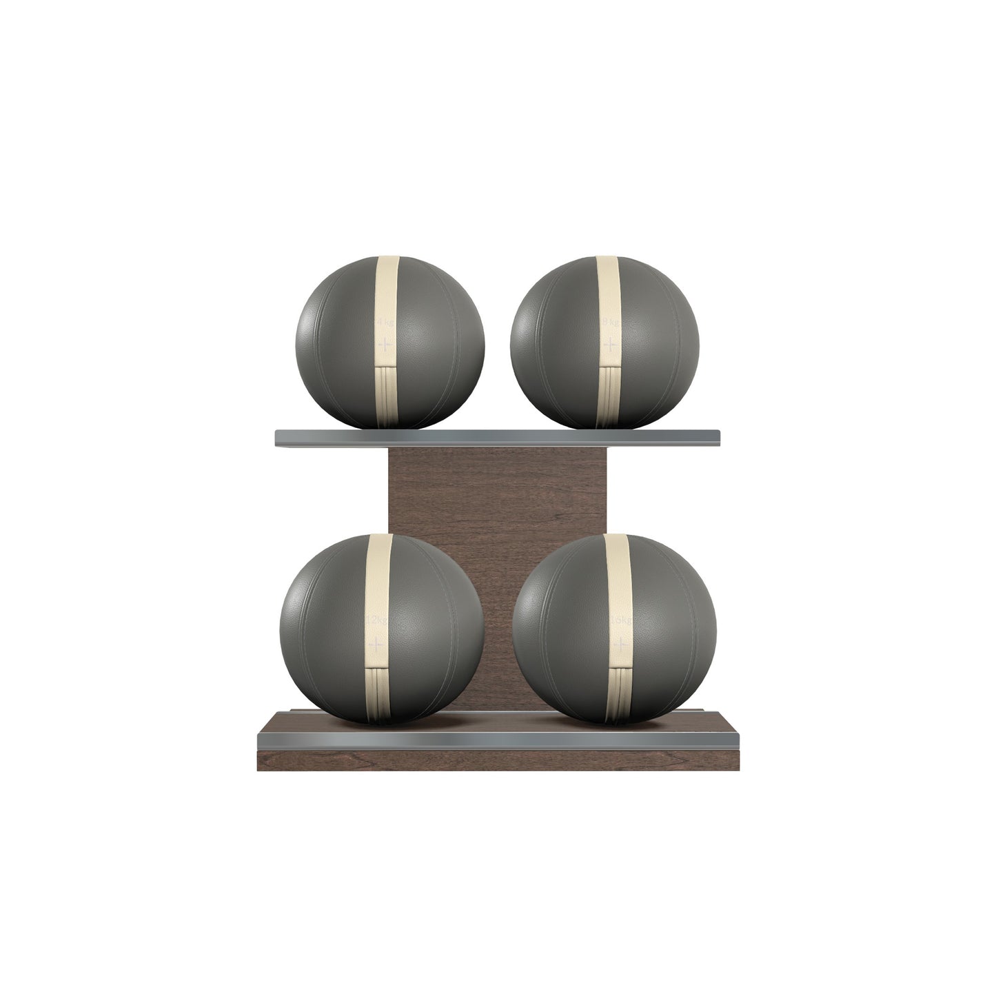 Four grey leather medicine balls with beige accent leather, arranged on two shelves made of natural wood. PENT. MOXA Power - Set of 4 Medicine Balls on Horizontal Wooden Stand