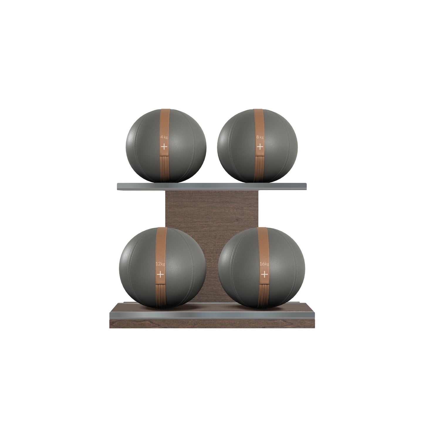 Four grey leather medicine balls with brown accent leather, arranged on two shelves made of natural wood. PENT. MOXA Power - Set of 4 Medicine Balls on Horizontal Wooden Stand