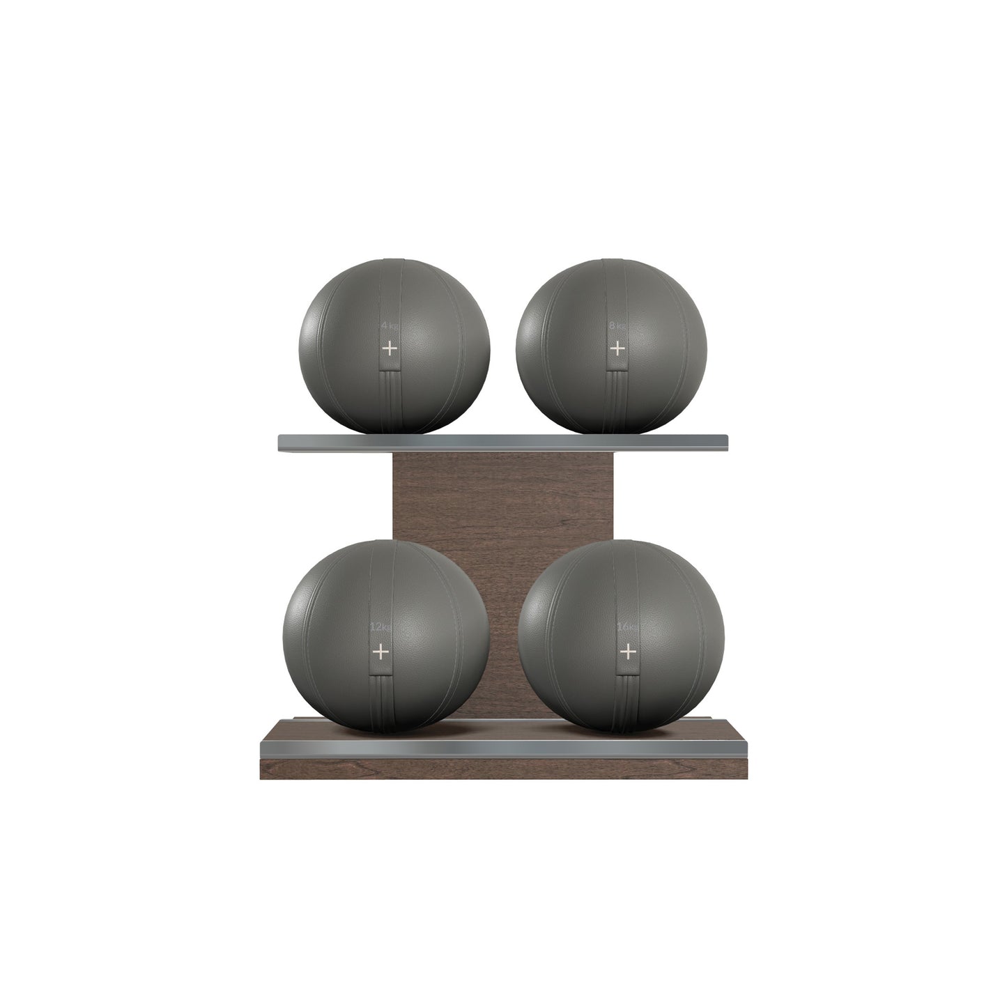 Four grey leather medicine balls with grey accent leather, arranged on two shelves made of natural wood. PENT. MOXA Power - Set of 4 Medicine Balls on Horizontal Wooden Stand