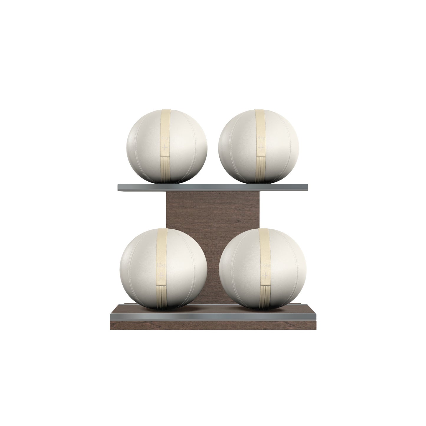 Four white leather medicine balls with beige accent leather, arranged on two shelves made of natural walnut wood. PENT. MOXA Power - Set of 4 Medicine Balls on Horizontal Wooden Stand