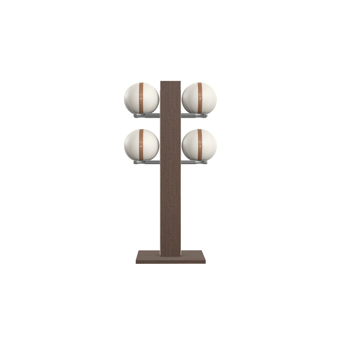 Luxury fitness equipment, 4 leather medicine ball on vertical wooden stand, handcrafted with premium Italian white leather and dark walnut wood. PENT. MOXA Set