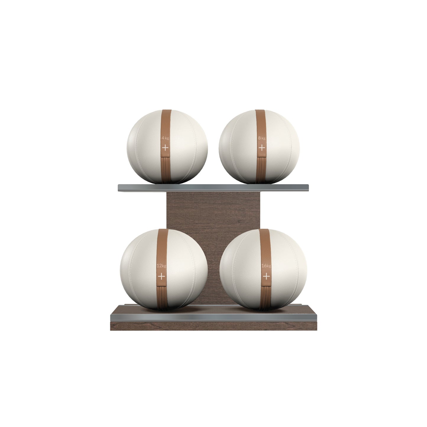 Four white leather medicine balls with brown accent leather, arranged on two shelves made of natural walnut wood. PENT. MOXA Power - Set of 4 Medicine Balls on Horizontal Wooden Stand