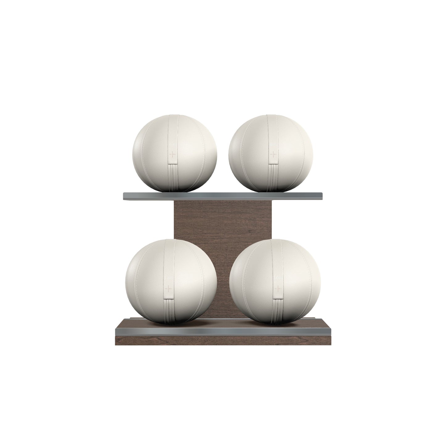 Four white leather medicine balls with white accent leather, arranged on two shelves made of natural walnut wood. PENT. MOXA Power - Set of 4 Medicine Balls on Horizontal Wooden Stand