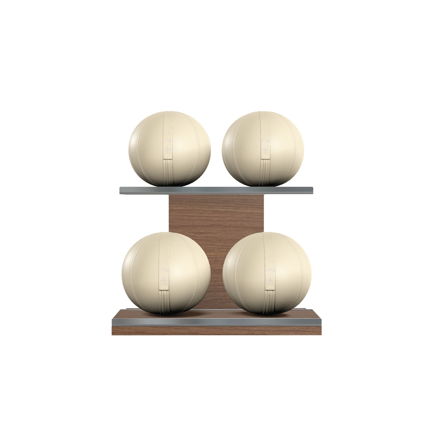 Four beige leather medicine balls with beige accent leather, arranged on two shelves made of natural walnut wood. PENT. MOXA Power - Set of 4 Medicine Balls on Horizontal Wooden Stand